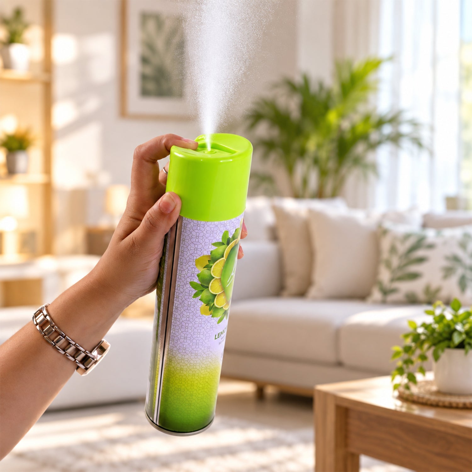 A hand holds the Lia Lemon Burst room freshener, spraying a fine mist into a bright, modern living room environment.