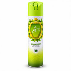 The Lia Lemon Burst room freshener spray bottle stands upright against a plain white background, showcasing its full design.