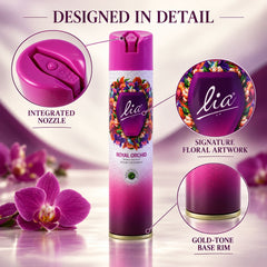 The purple and pink aerosol can is shown with detailed callouts for its integrated nozzle, floral artwork, and gold-tone