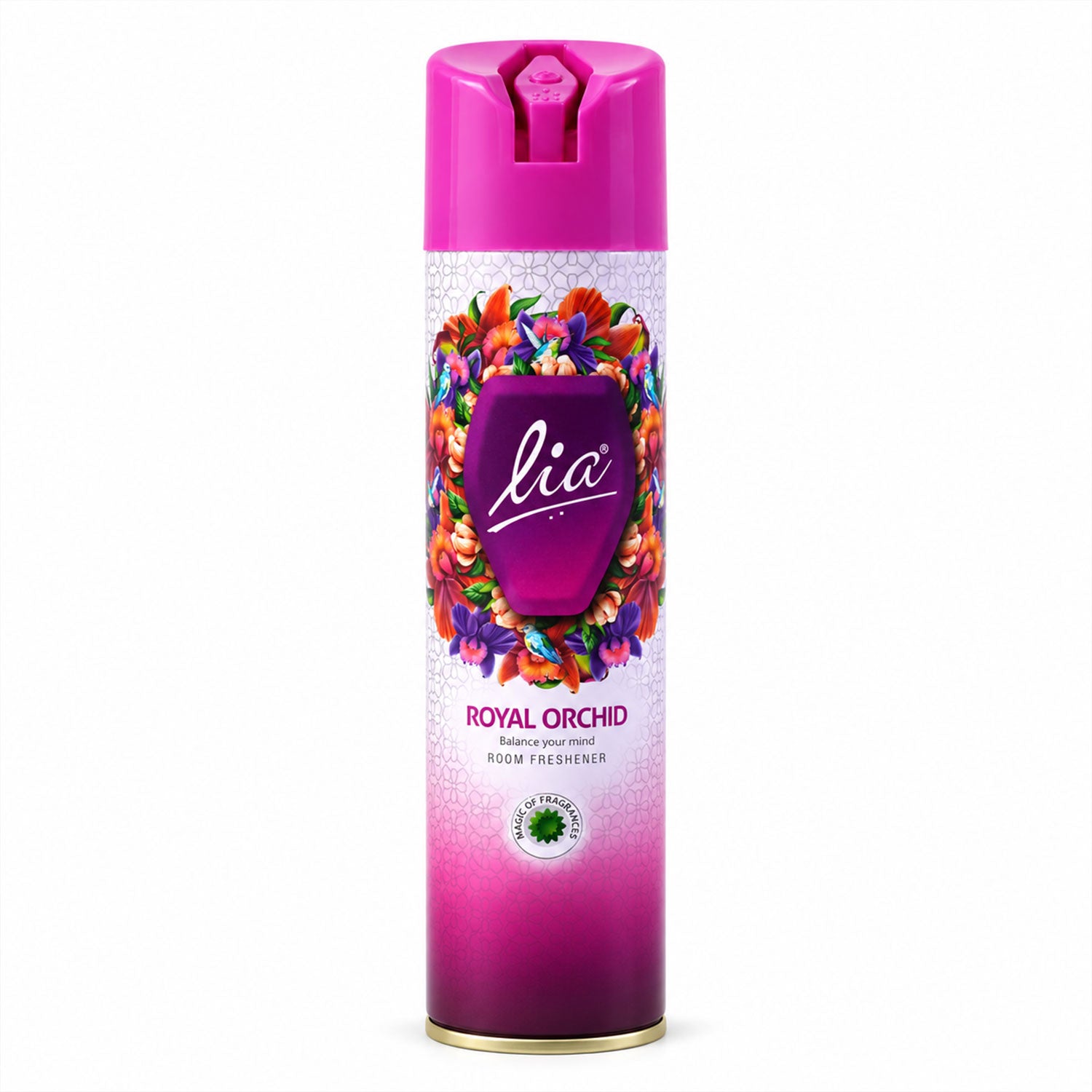 A single purple and pink aerosol can with a floral label stands upright against a plain white background.