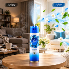 A split image shows a room before and after using the blue and white aerosol spray, with mist and flowers.