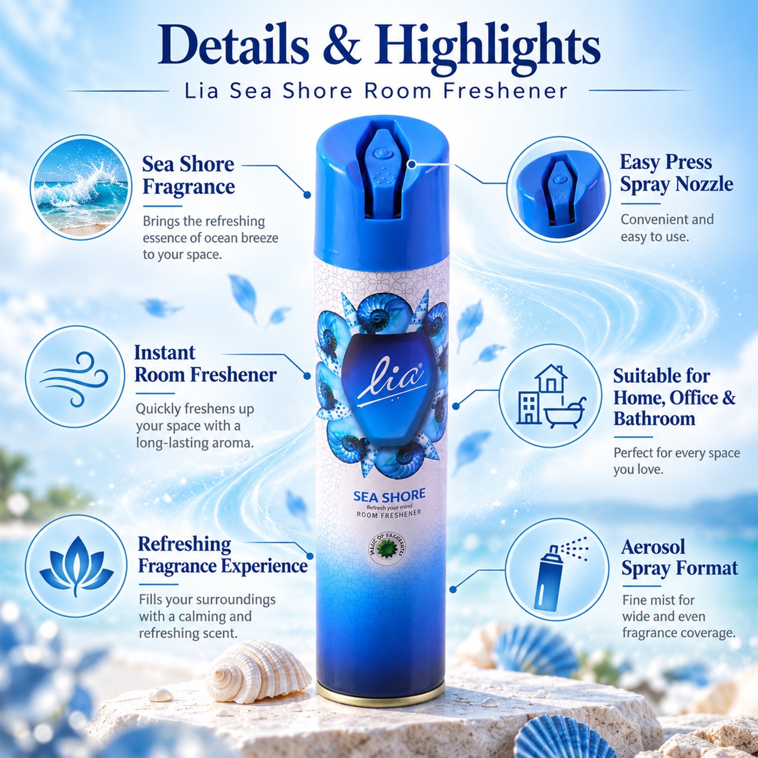 A blue and white aerosol spray can with a seashell design is surrounded by descriptive text and icons.