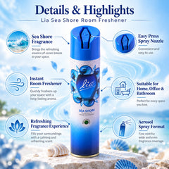 A blue and white aerosol spray can with a seashell design is surrounded by descriptive text and icons.