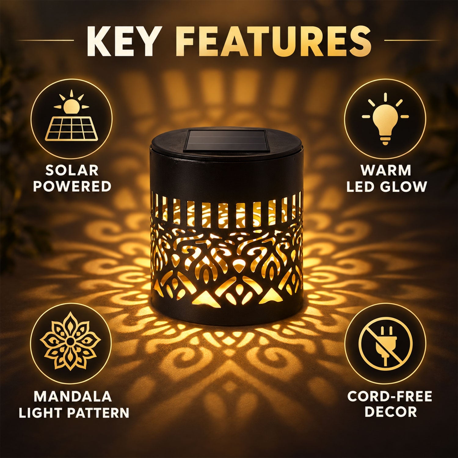 A black solar lamp with a cut-out mandala pattern casts a warm glow on a dark background.