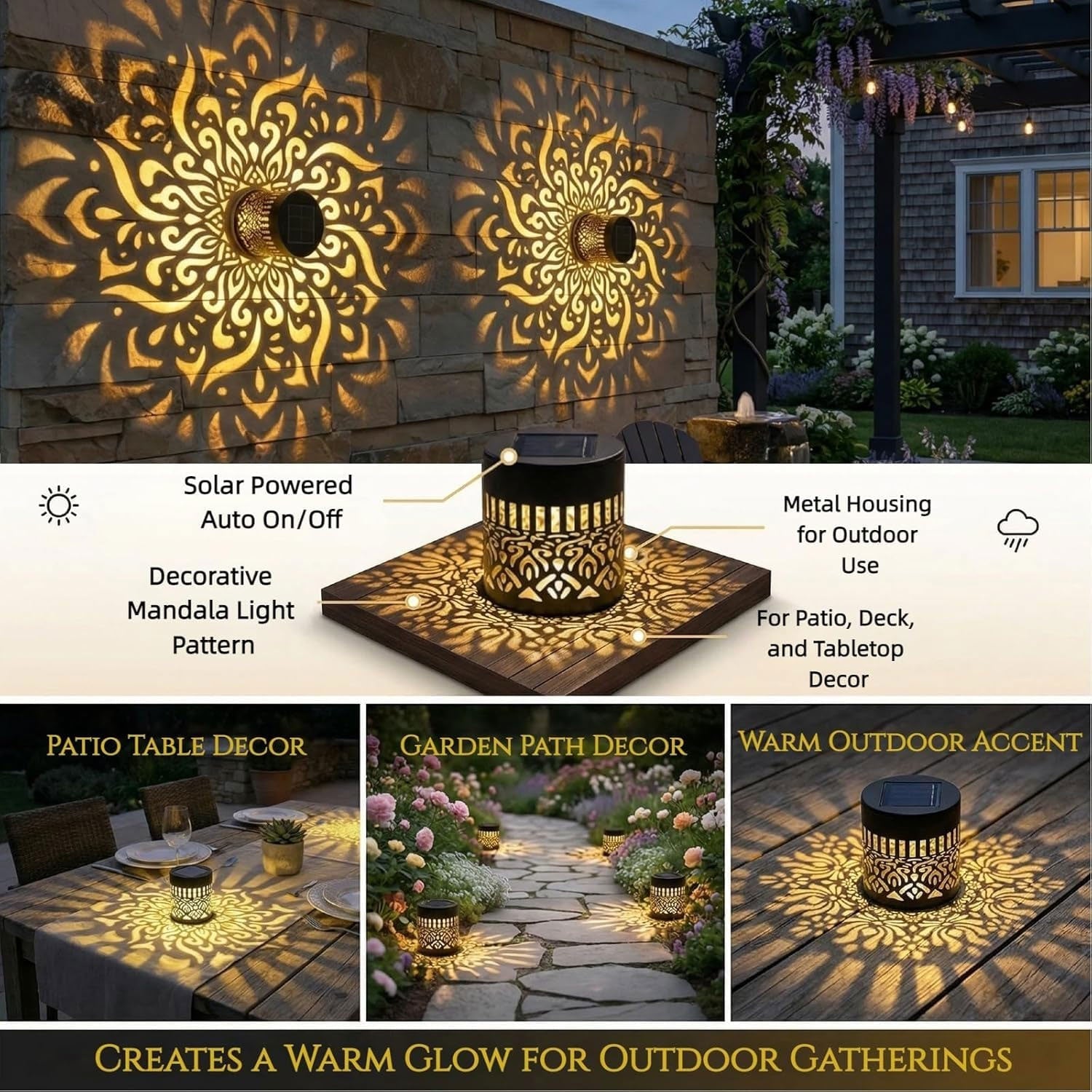 A black solar lamp with a cut-out mandala pattern casts a warm glow on a patio table and garden path.