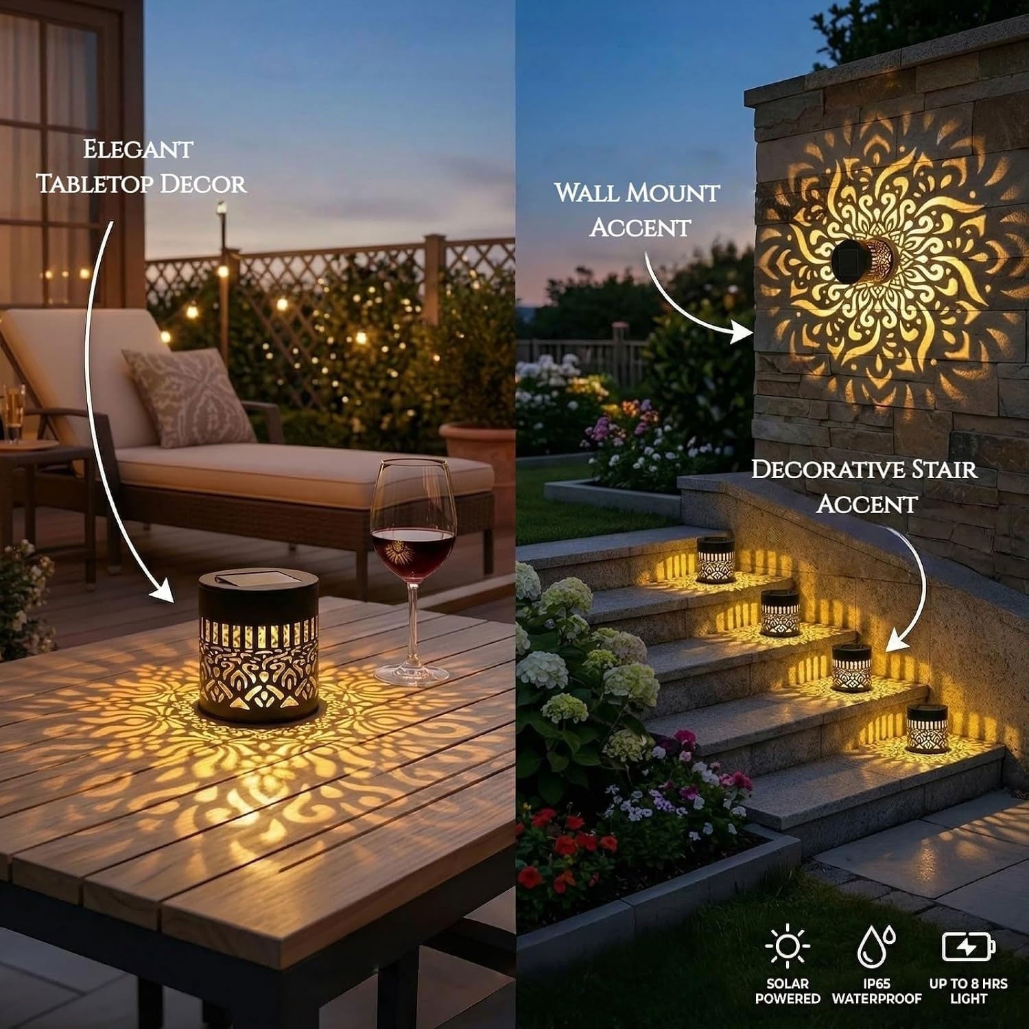 A black solar lamp on a patio table and several lamps illuminating outdoor stairs at night.