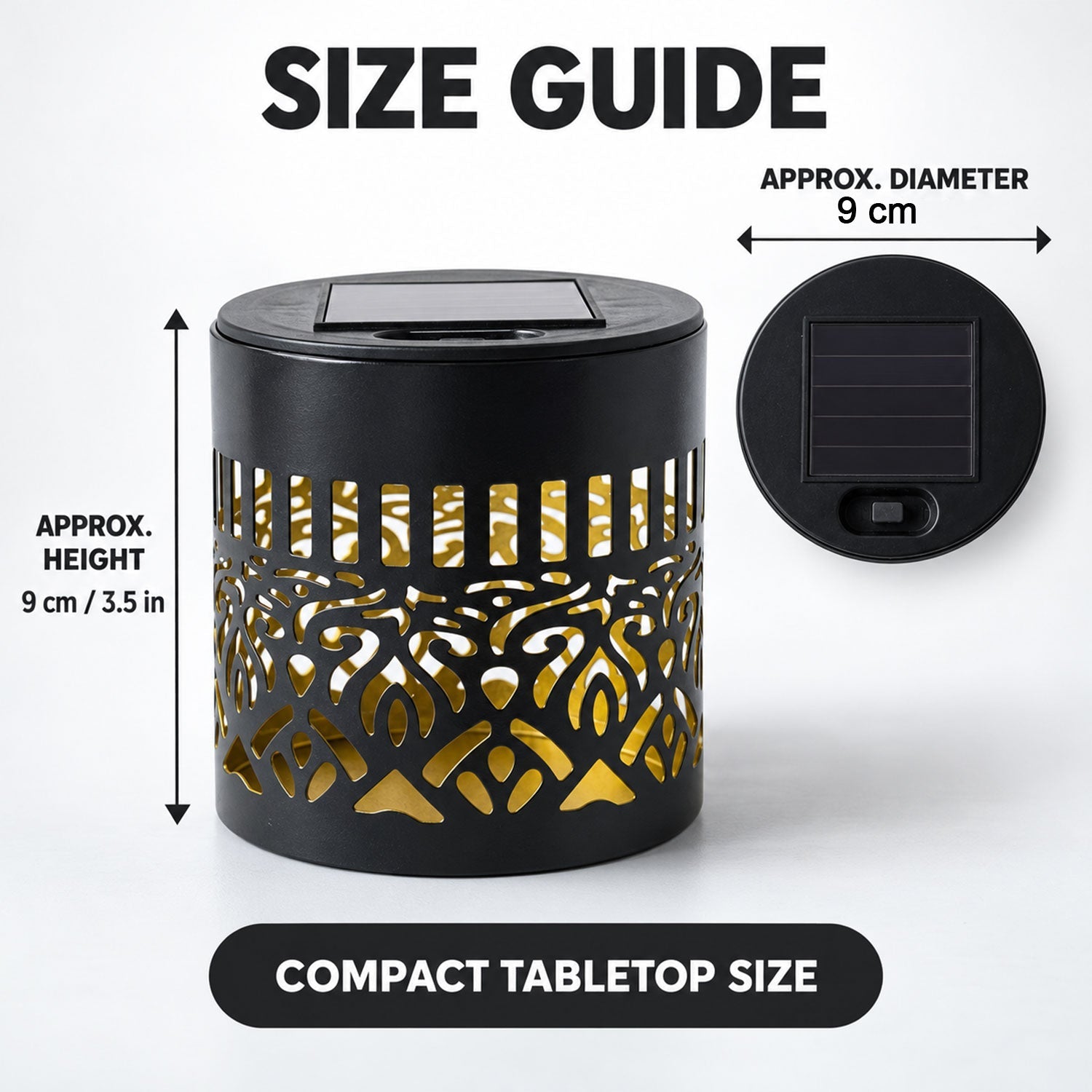 A black solar lamp with a cut-out mandala pattern and a solar panel on top, with dimensions shown.