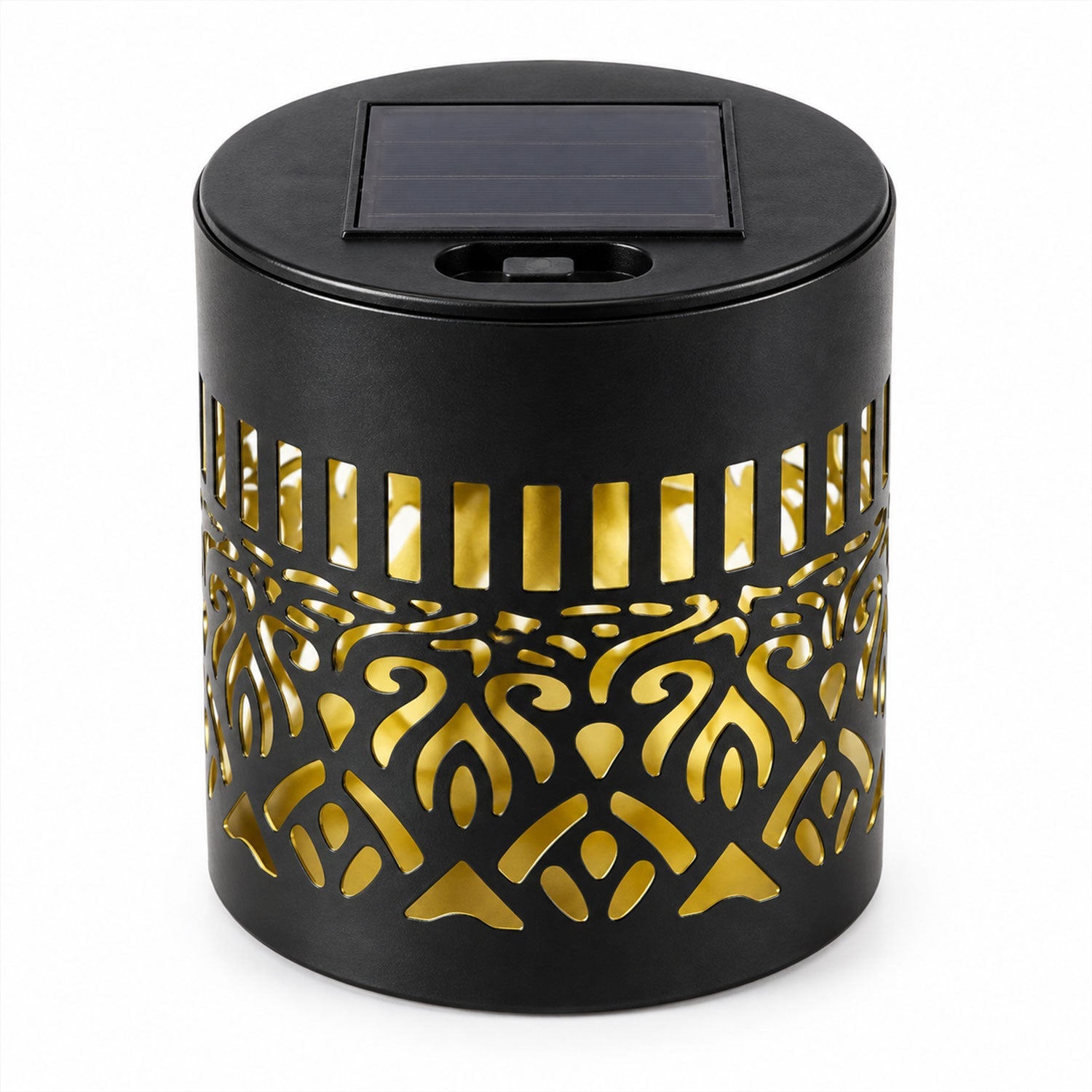 A black solar lamp with a cut-out mandala pattern and a solar panel on top, on a white background.