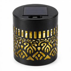 A black solar lamp with a cut-out mandala pattern and a solar panel on top, on a white background.