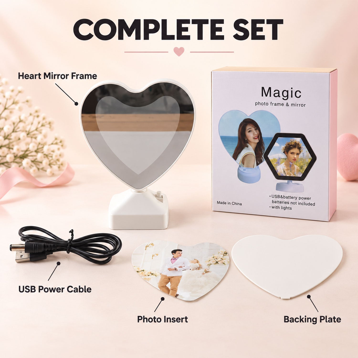 Heart LED mirror frame white bg