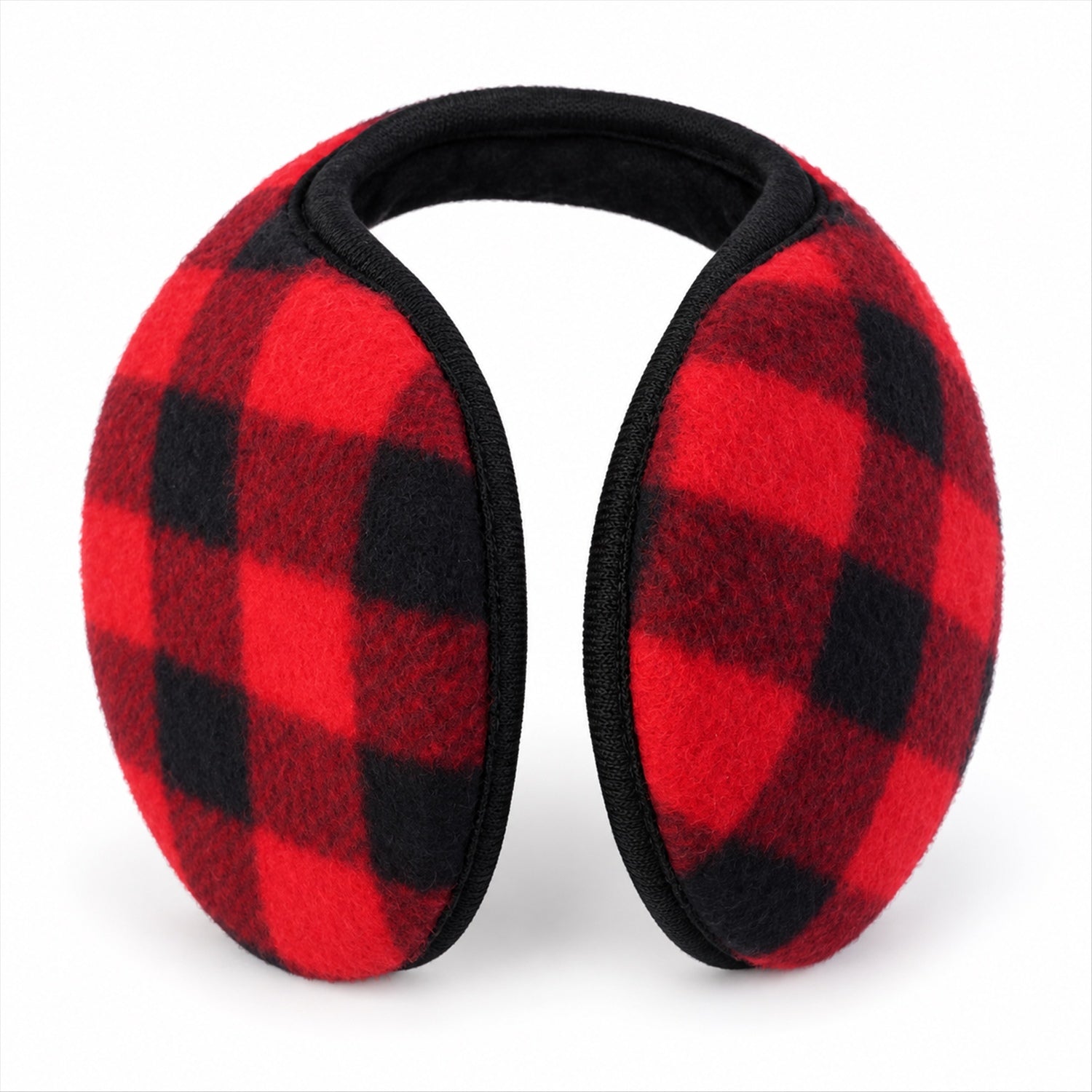 A pair of red and black plaid ear warmers with a black band is shown on a white background.