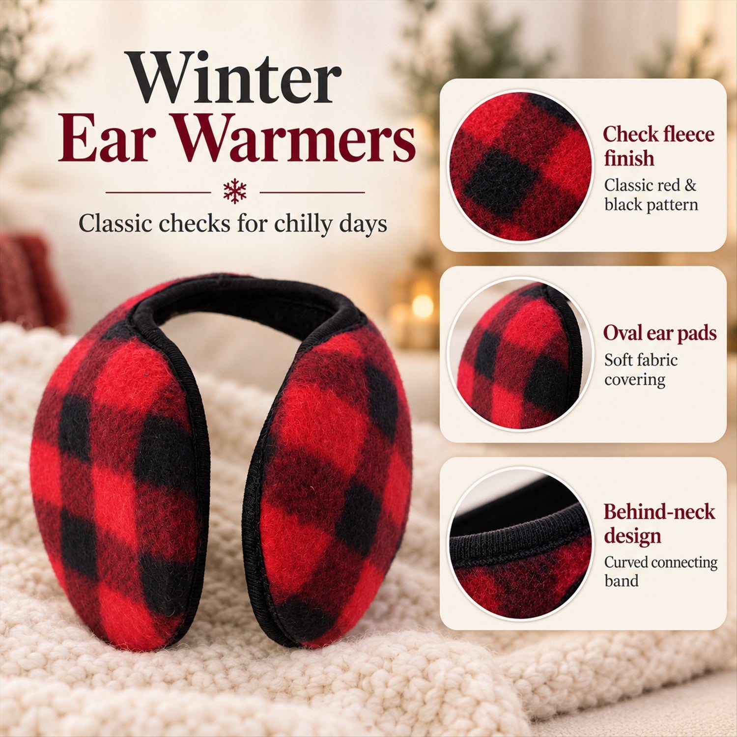 Infographic displaying red and black plaid ear warmers with details on fleece finish, oval pads, and behind-neck design.