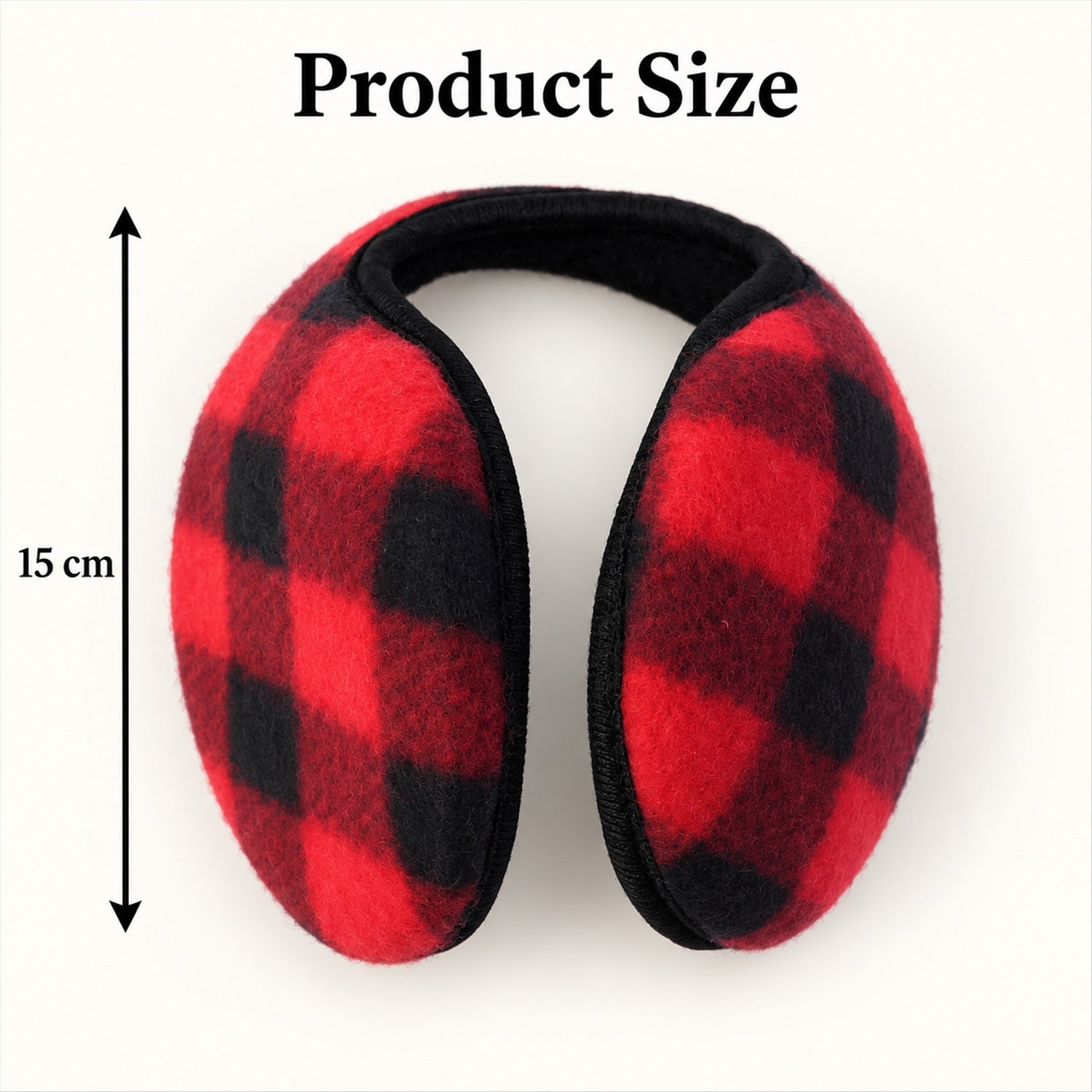 Red and black plaid ear warmers on a white background, with a 15 cm measurement indicated by an arrow.