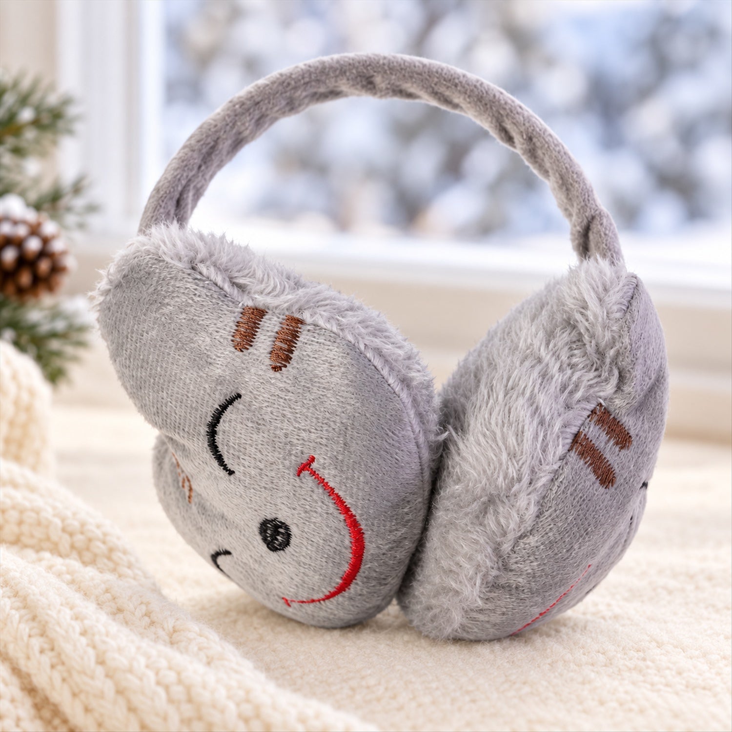 Grey plush earmuffs with a red embroidered smiley face on a cream knitted blanket, with a snowy window view in the