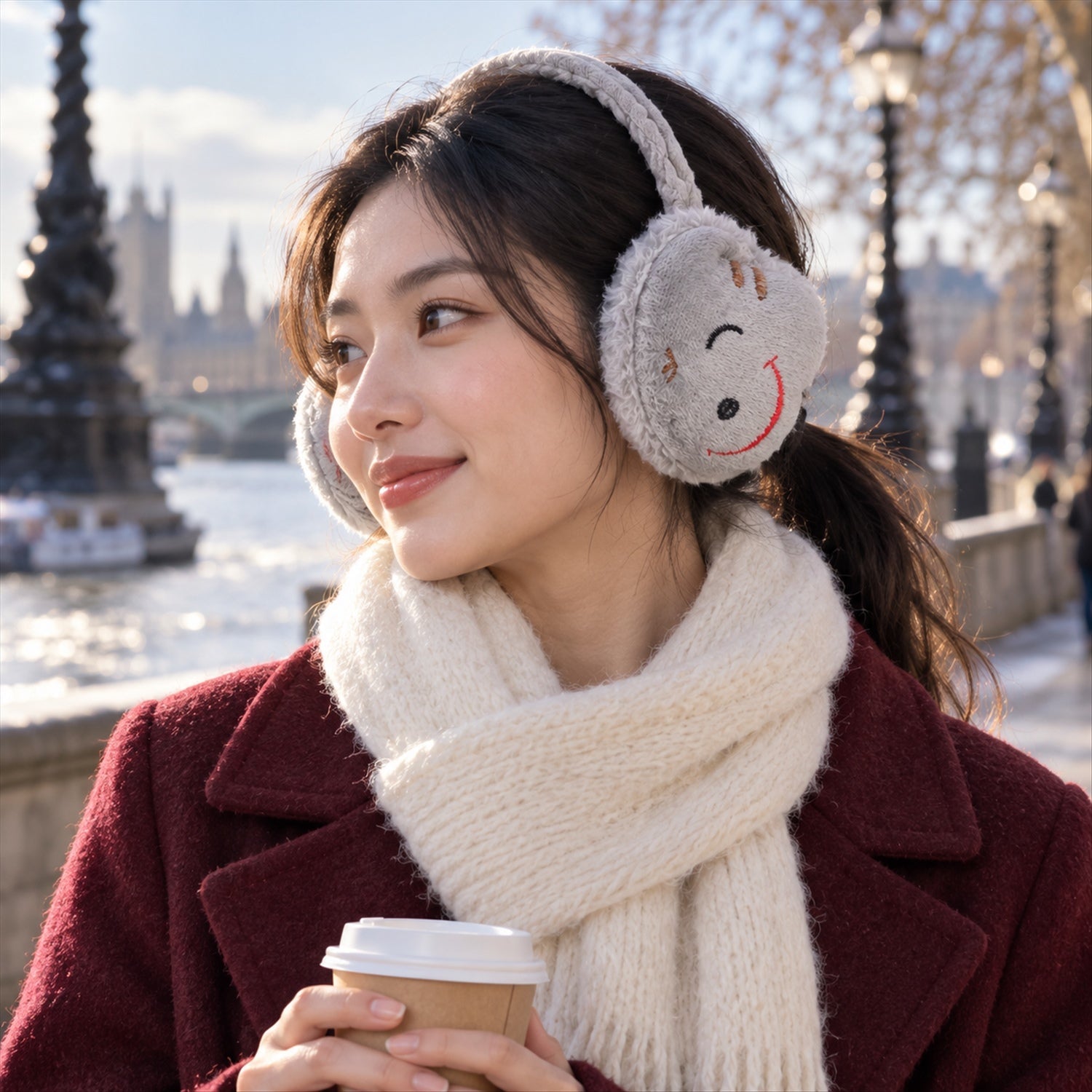 A woman wears grey plush earmuffs with a red smiley face, a maroon coat, and a white scarf, holding a coffee cup by a river.