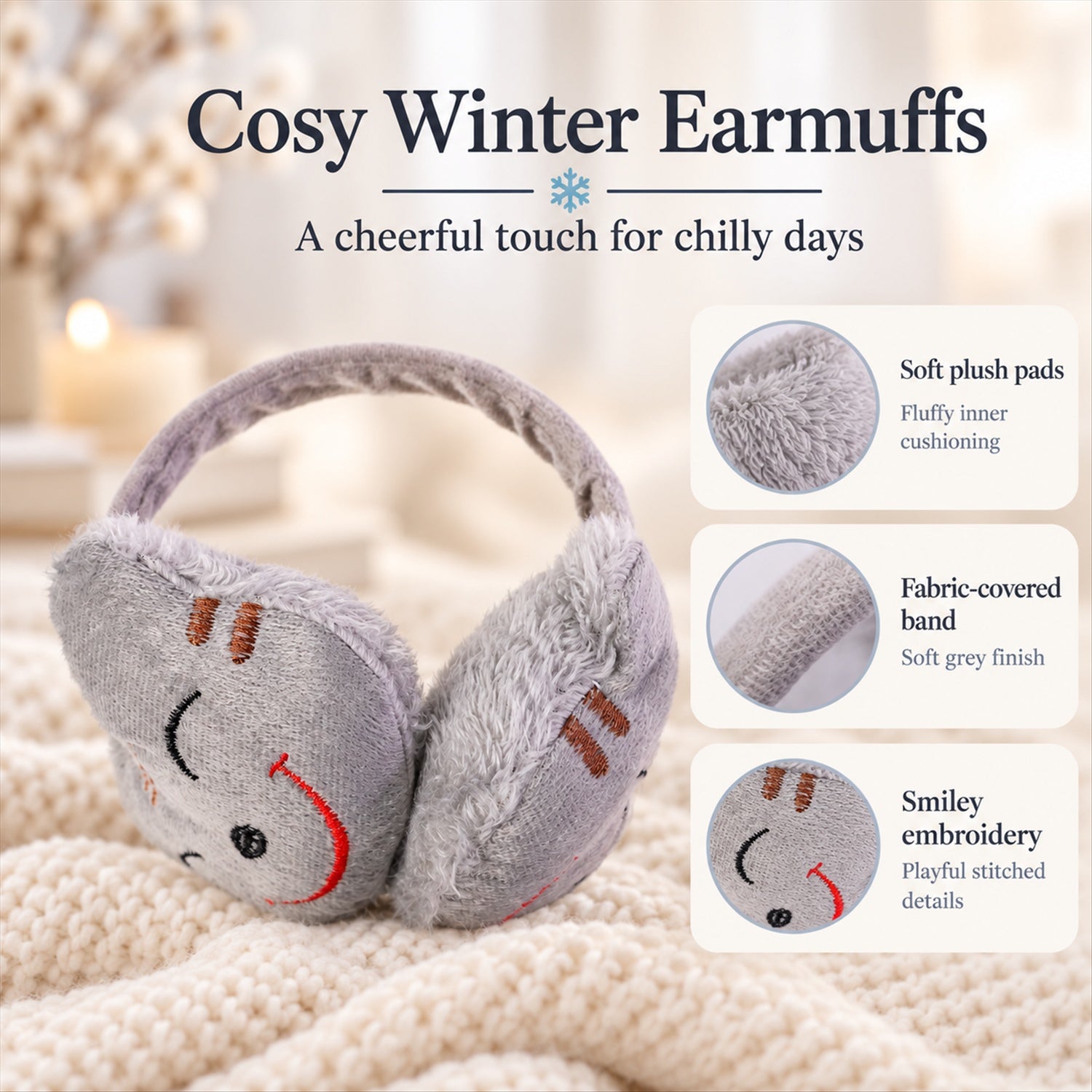 Grey plush earmuffs with a red embroidered smiley face on a cream knitted blanket, with detail callouts for fabric and