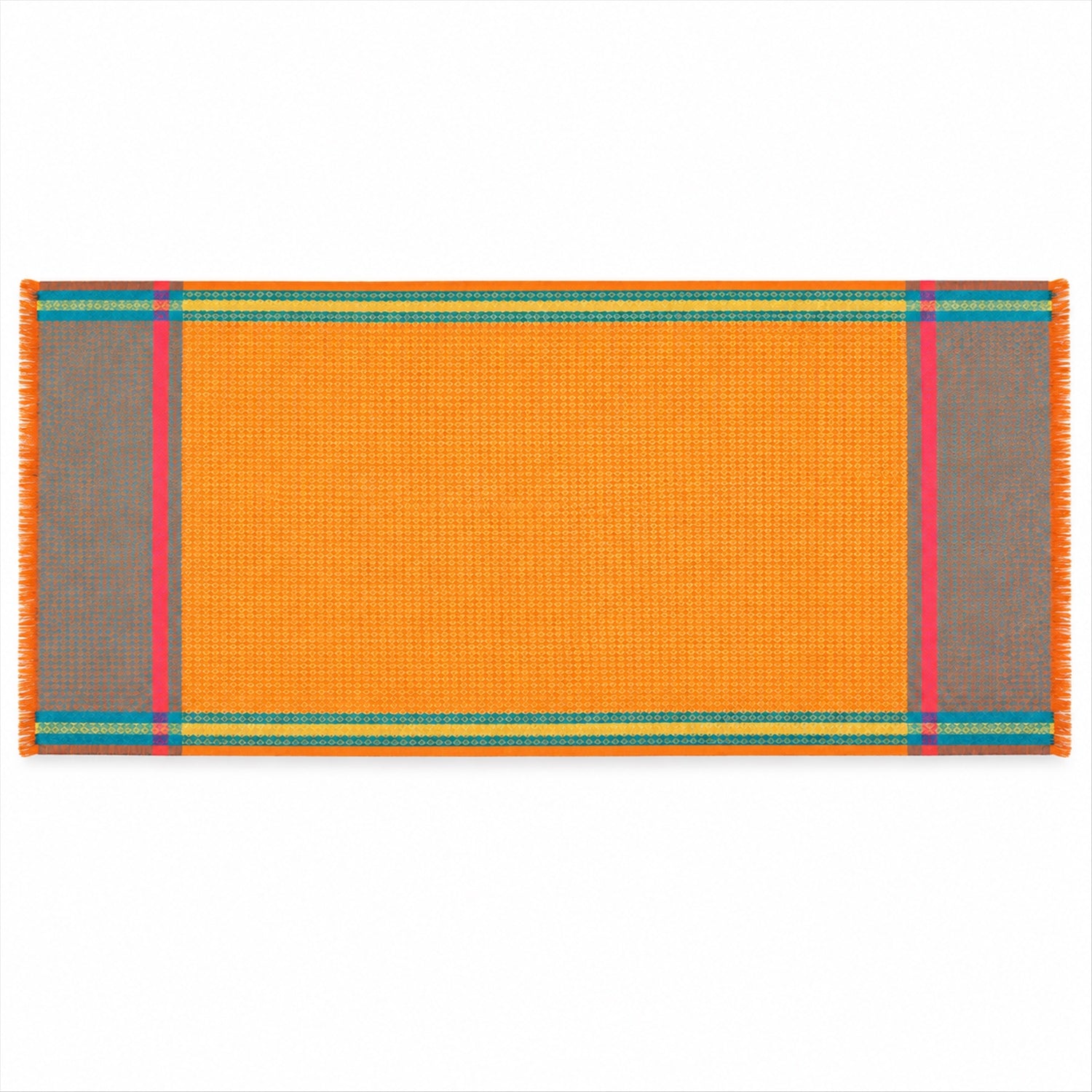 An orange shawl with teal, yellow, and pink striped borders and fringe on a white background.