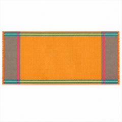 An orange shawl with teal, yellow, and pink striped borders and fringe on a white background.