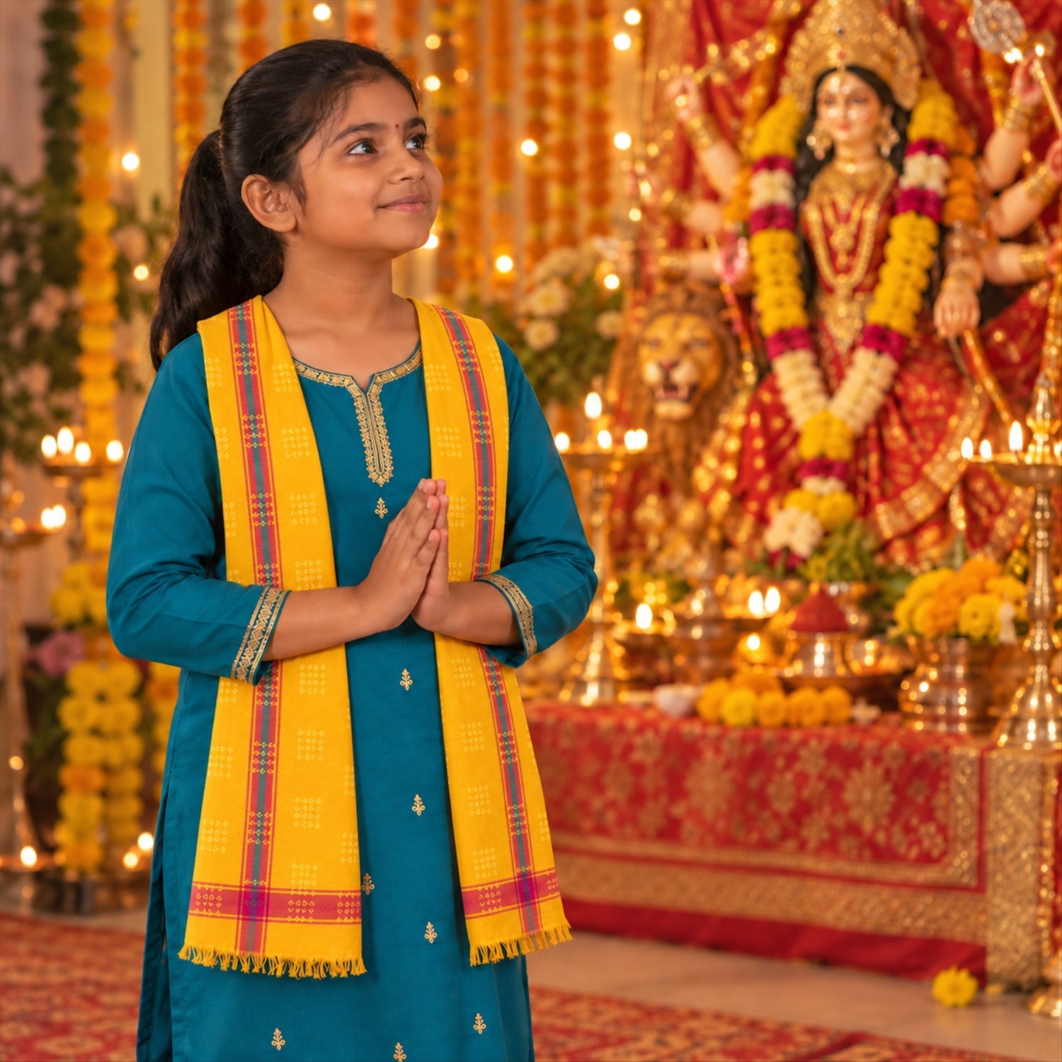 A young girl in a teal outfit with a yellow dupatta stands with hands pressed together in prayer, looking up at a shrine.