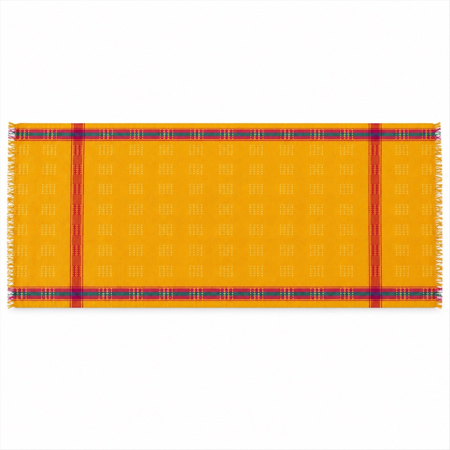 A yellow dupatta with subtle woven patterns and colorful striped borders is laid flat on a white background.