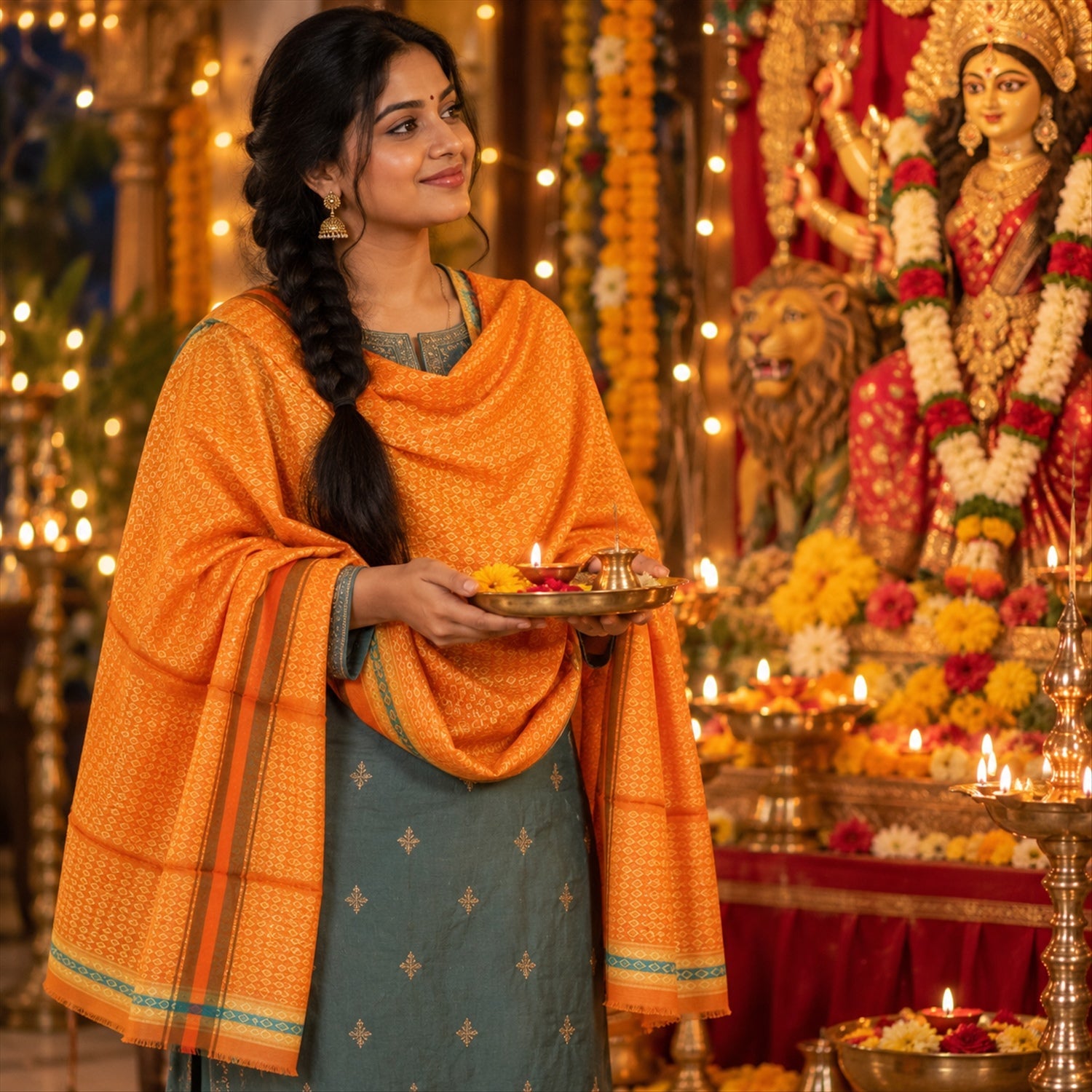 A woman in an orange shawl and green dress holds an offering plate, looking towards a deity statue.