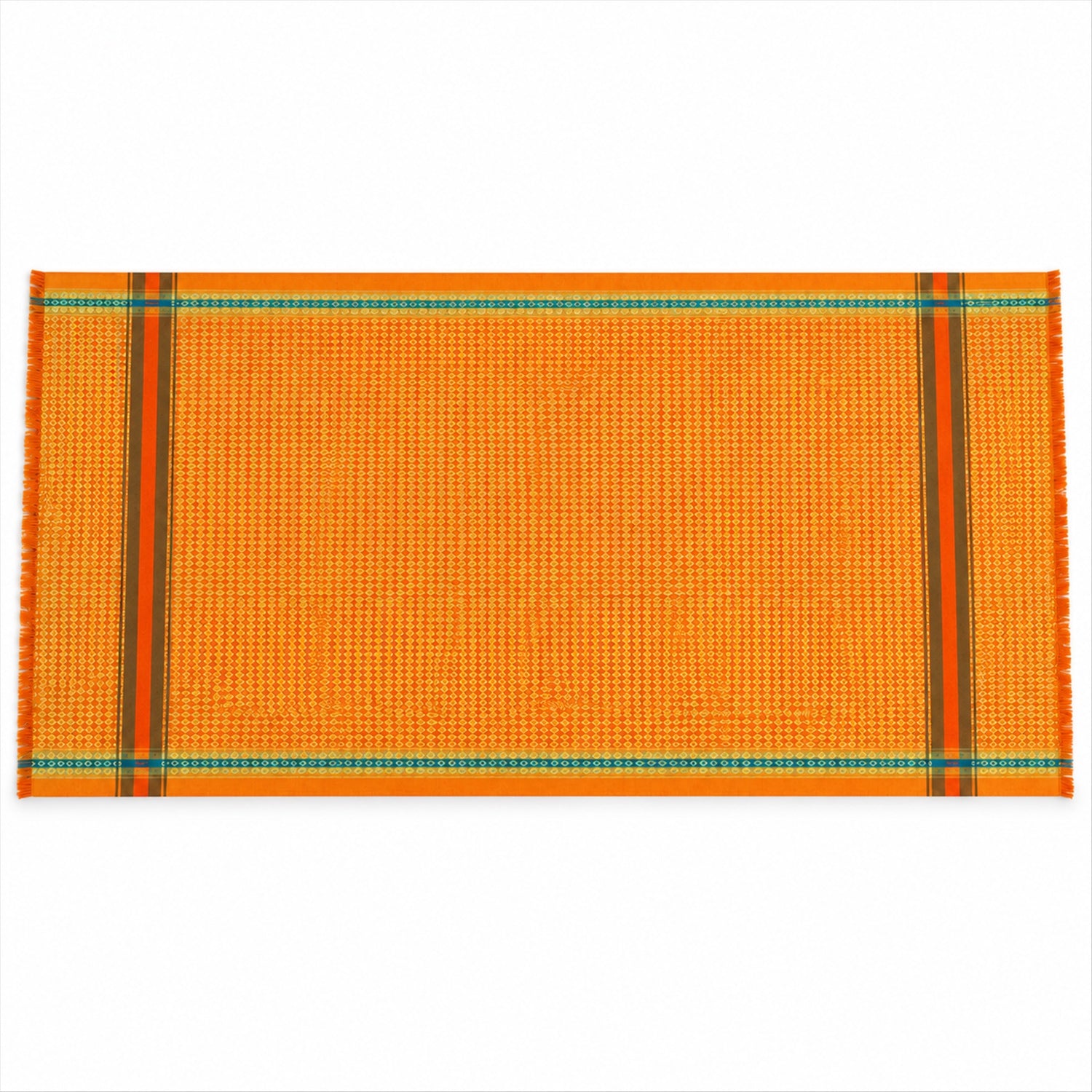 An orange shawl with a subtle diamond pattern and distinct striped borders lies flat on a white surface.