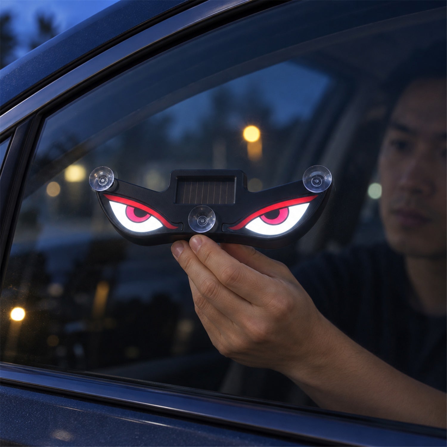 A person's hand holding the black evil eye light with glowing red and white eyes against a car window at night.