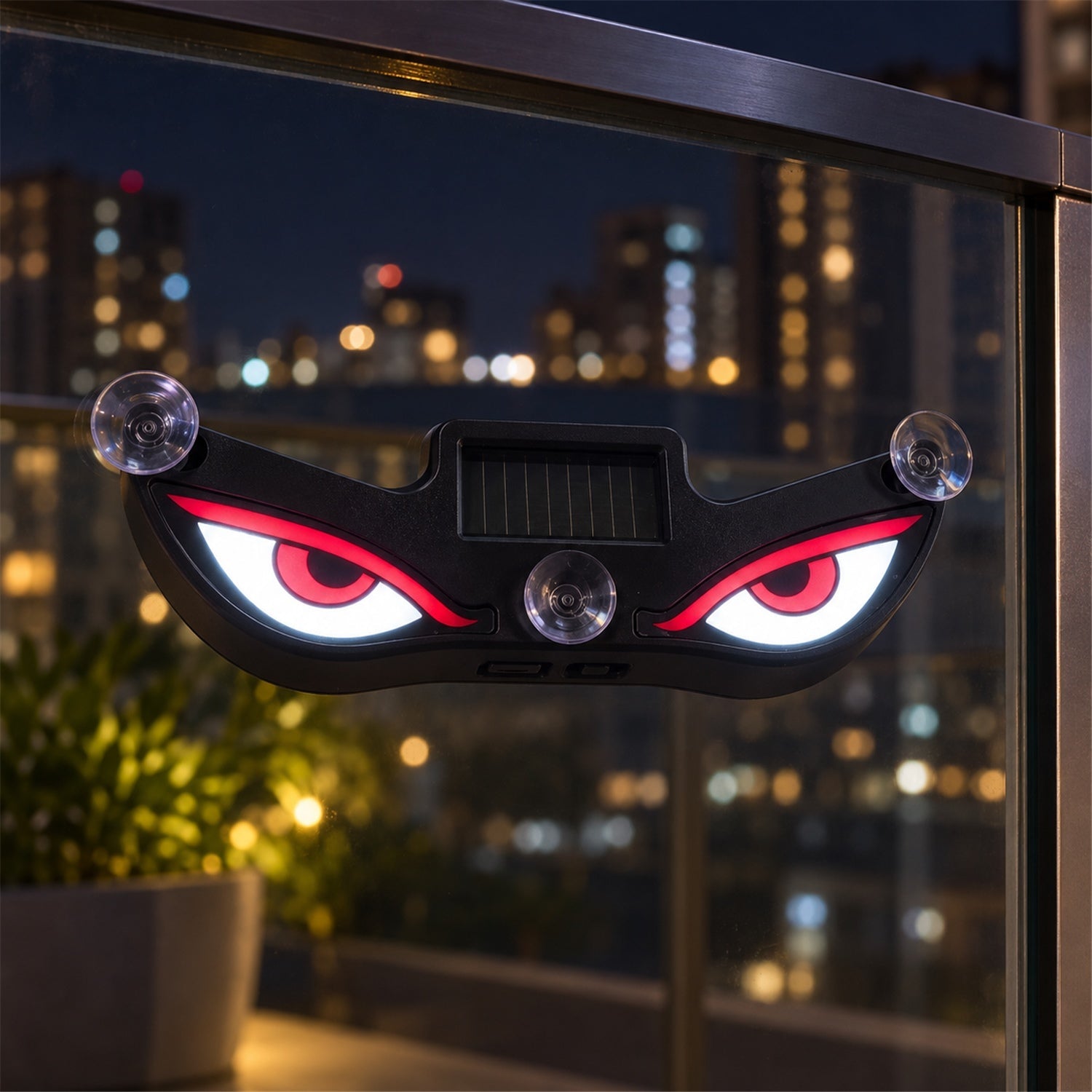 Black evil eye light with glowing red and white eyes attached to a window, overlooking a city skyline at night.