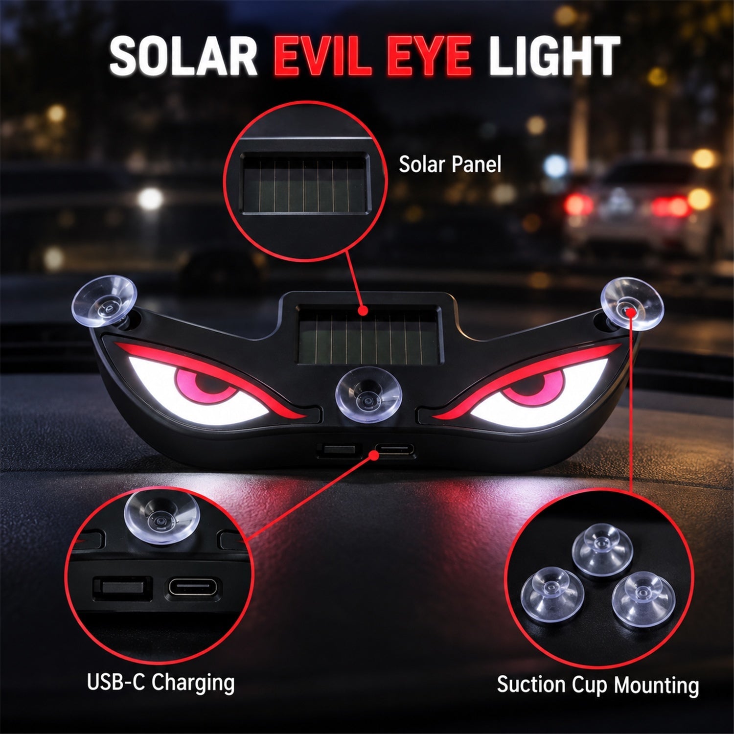 Black evil eye light with callouts pointing to the solar panel, USB-C charging port, and suction cup mounting.