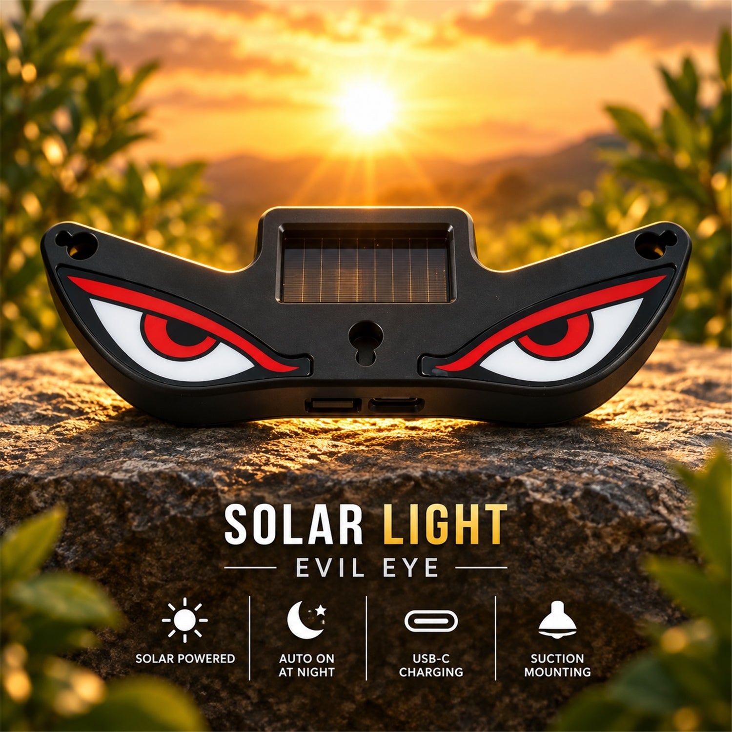Black evil eye light with red and white eyes on a rock at sunset, with feature icons for solar power and night auto-on.