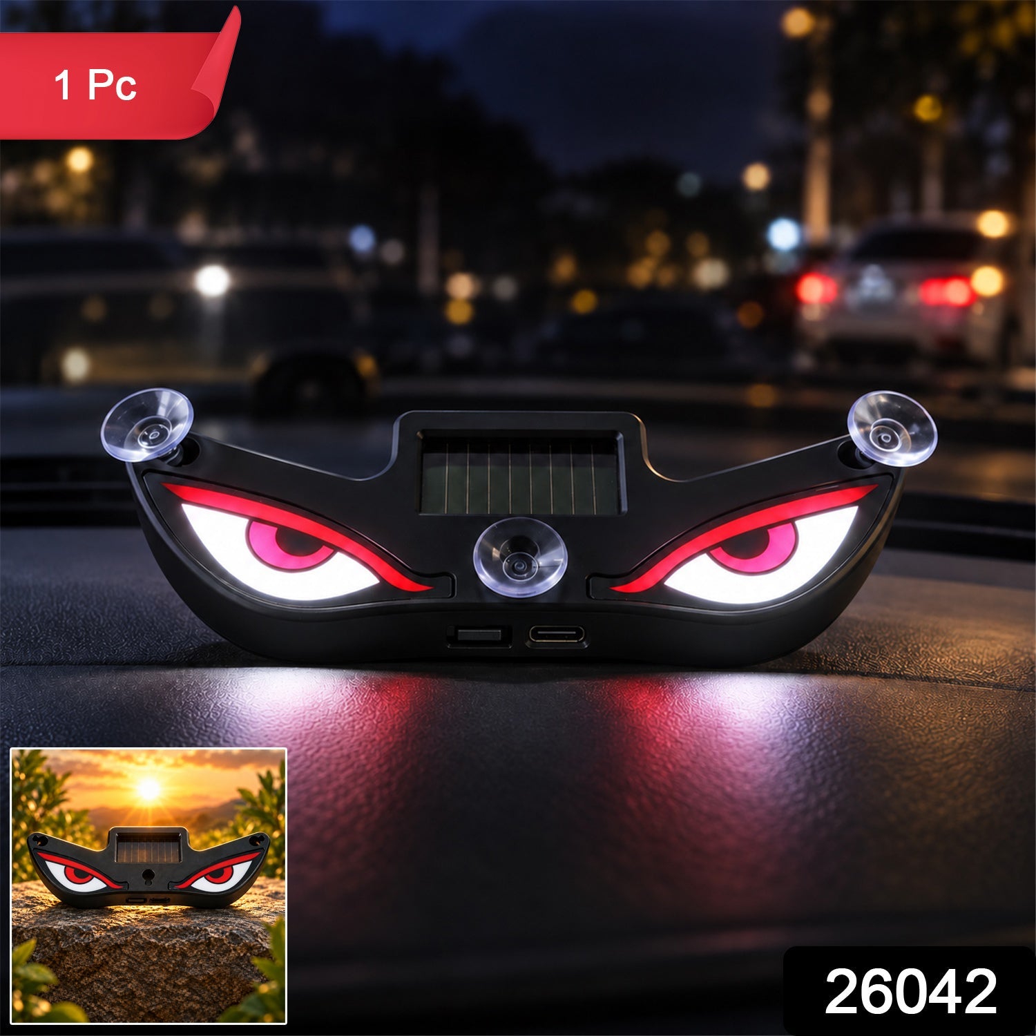 Solar evil eye light with glowing red and white eyes on a car dashboard at night, with a small inset image.