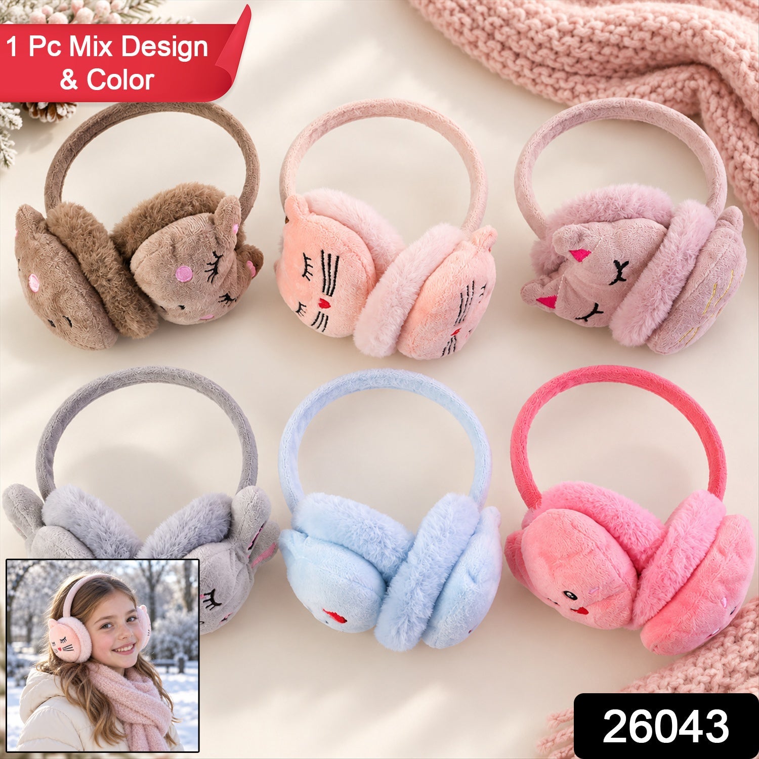 Six pairs of plush animal earmuffs in various colors are arranged on a light surface with a pink knitted scarf.