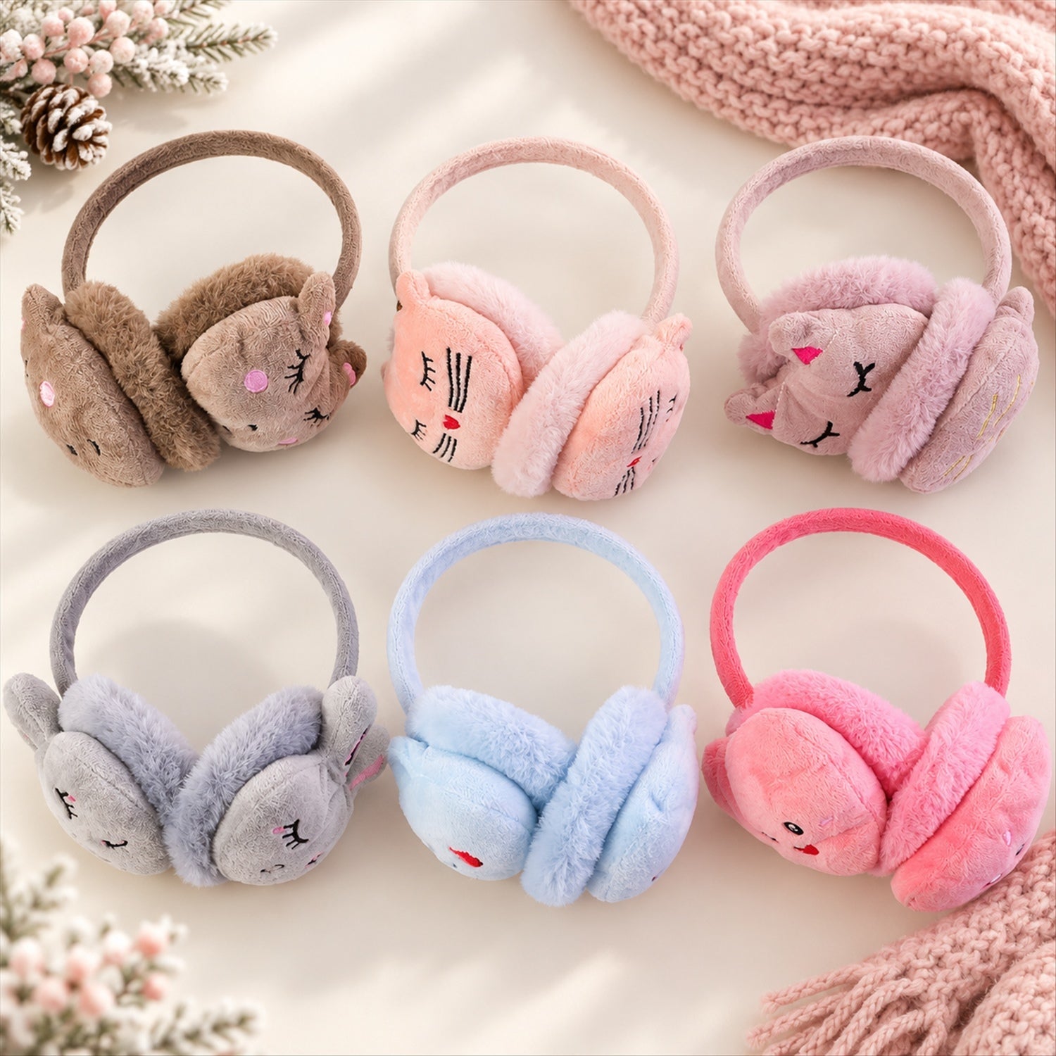 Six pairs of soft, colorful animal-themed earmuffs are displayed on a light surface beside a knitted pink scarf.