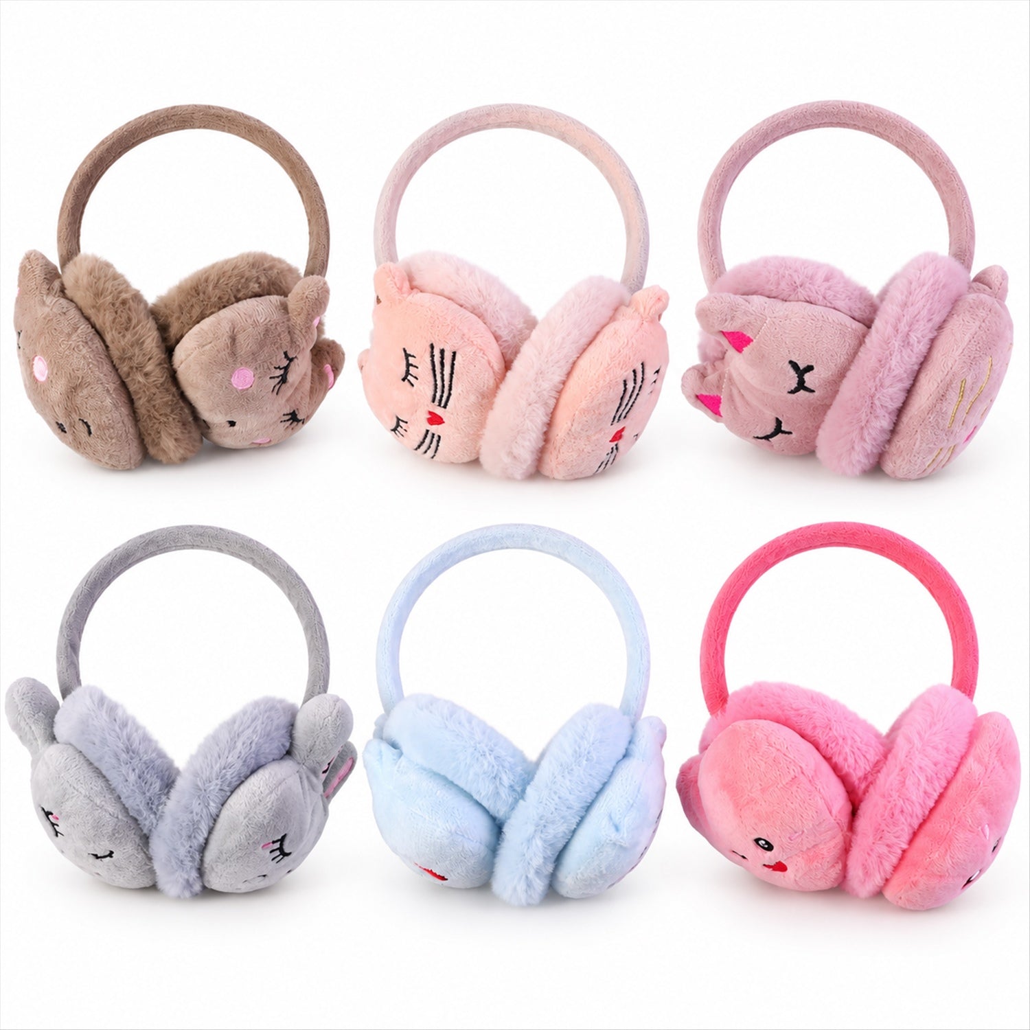 Six pairs of fluffy animal-designed earmuffs in different colors are neatly arranged on a plain white background.
