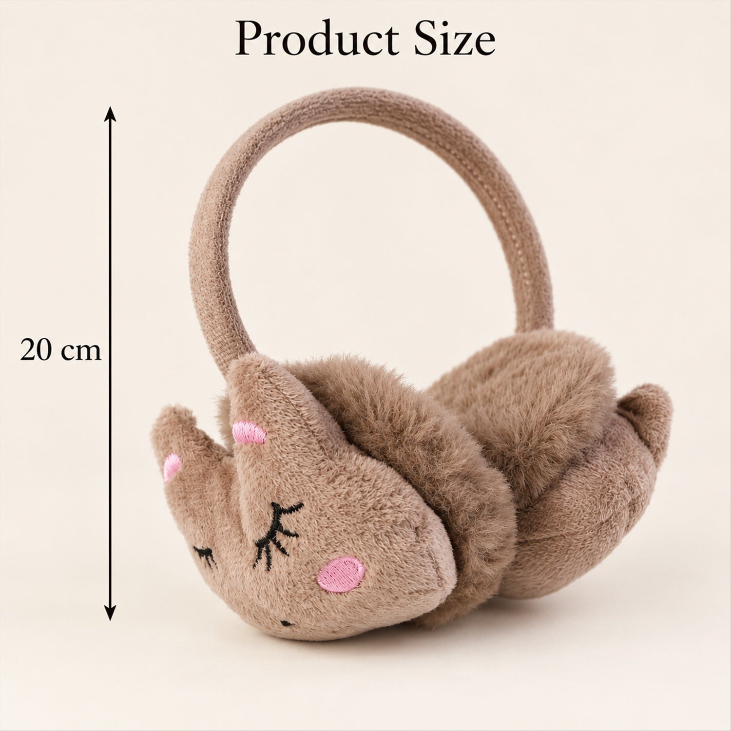 A single brown plush earmuff with animal features is displayed, showing its 20 cm height measurement.