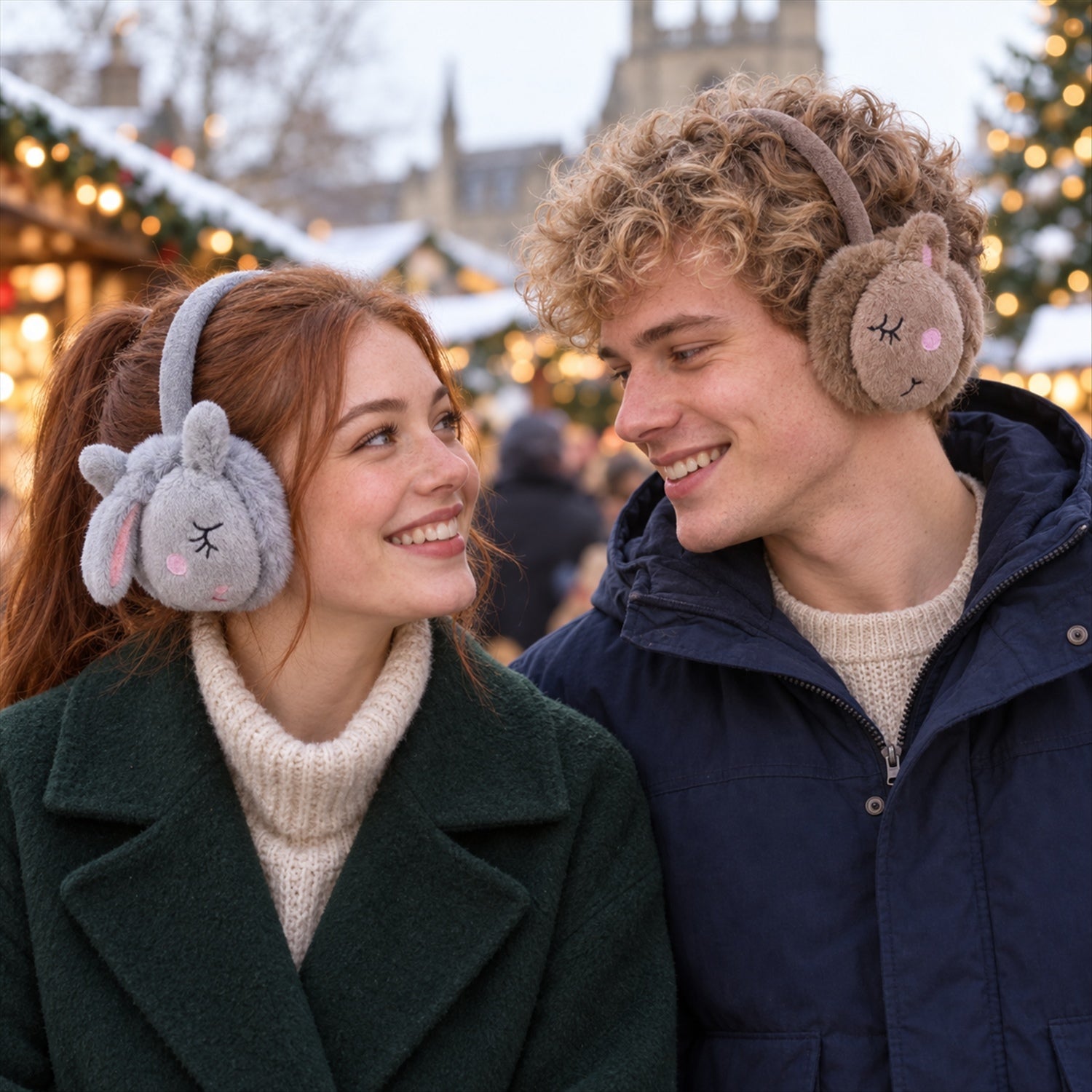 A smiling couple, both wearing animal-themed earmuffs, look at each other in a festive, snowy outdoor market.