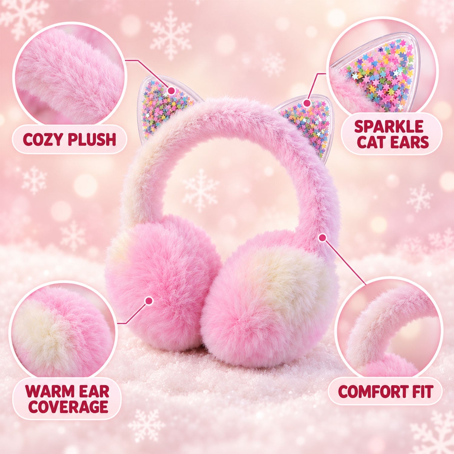 The pink and cream fluffy earmuffs are displayed with callouts highlighting cozy plush, sparkle cat ears, warm ear coverage,