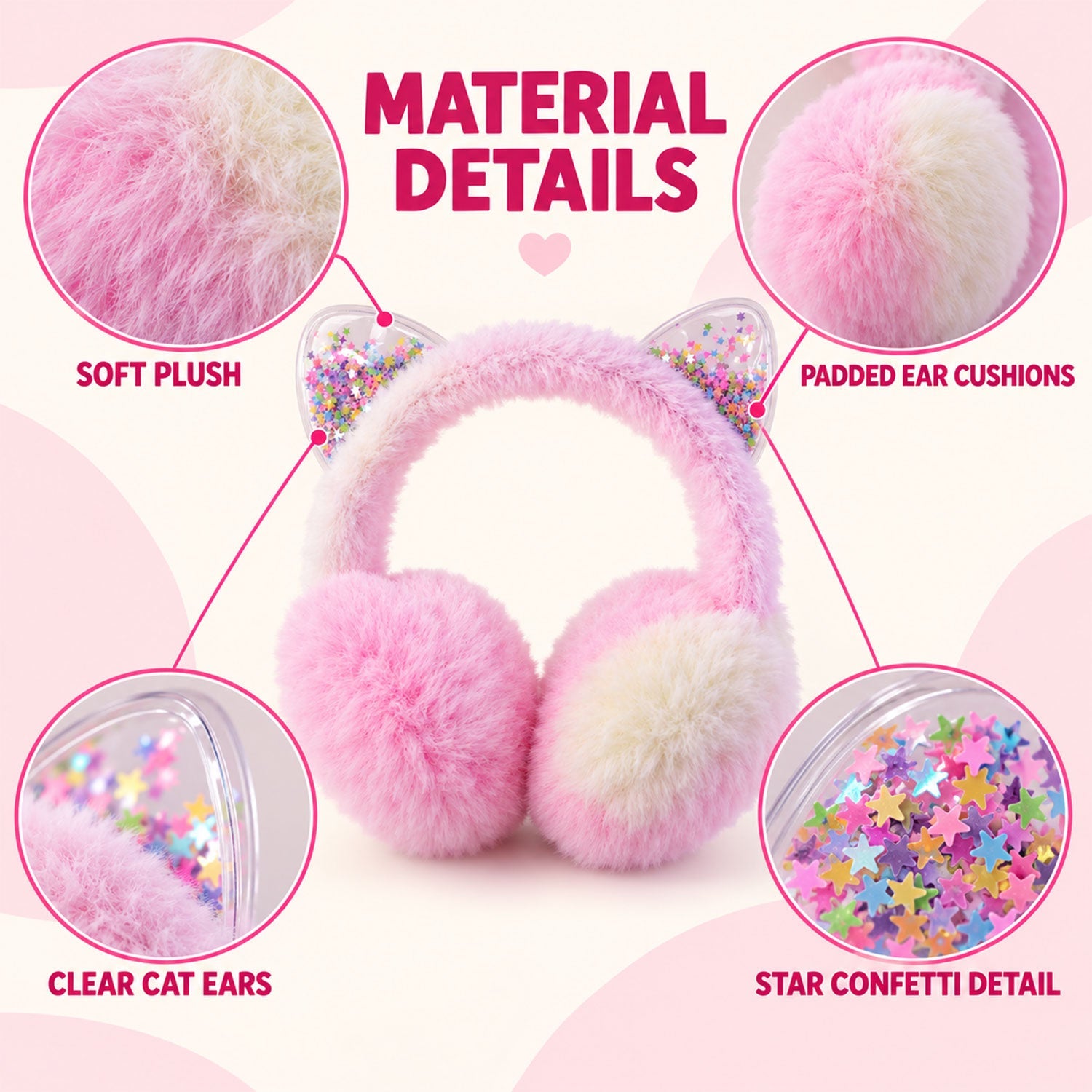 Material details for the pink and cream fluffy earmuffs, showcasing soft plush, padded ear cushions, clear cat ears, and