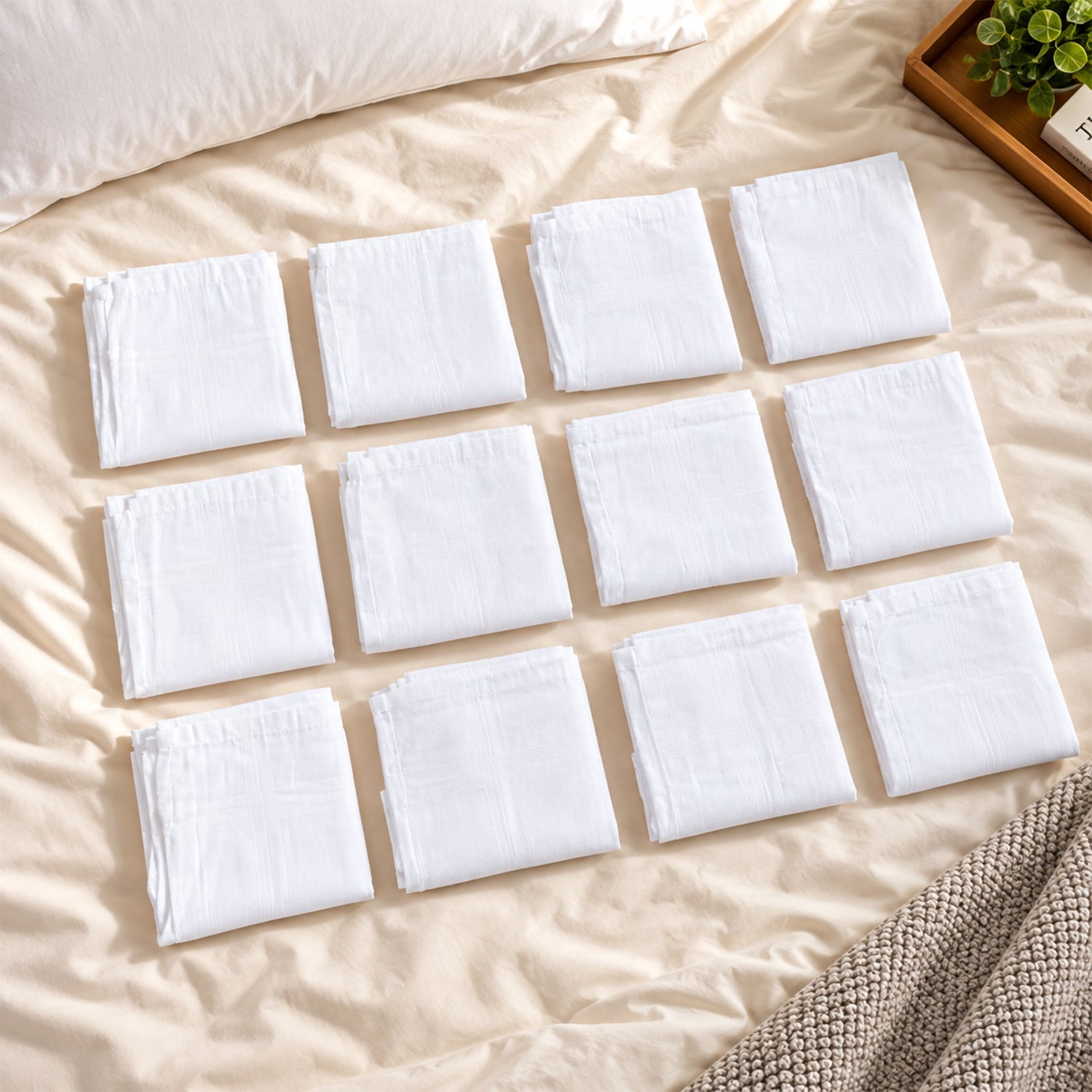 Twelve neatly folded white cotton handkerchiefs are arranged on a light beige bedspread with a grey throw.