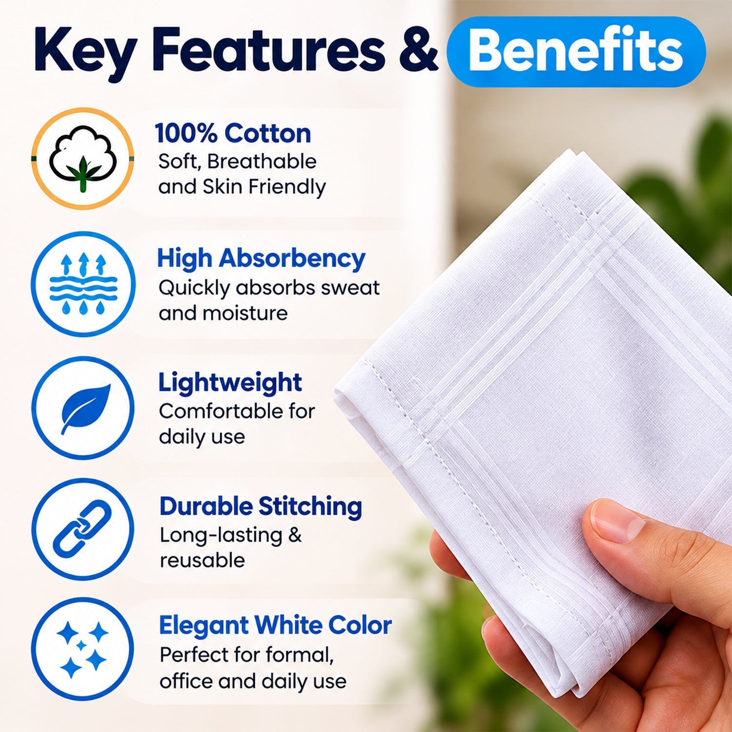 A hand holds a folded white cotton handkerchief with striped borders, alongside a list of key features and benefits.