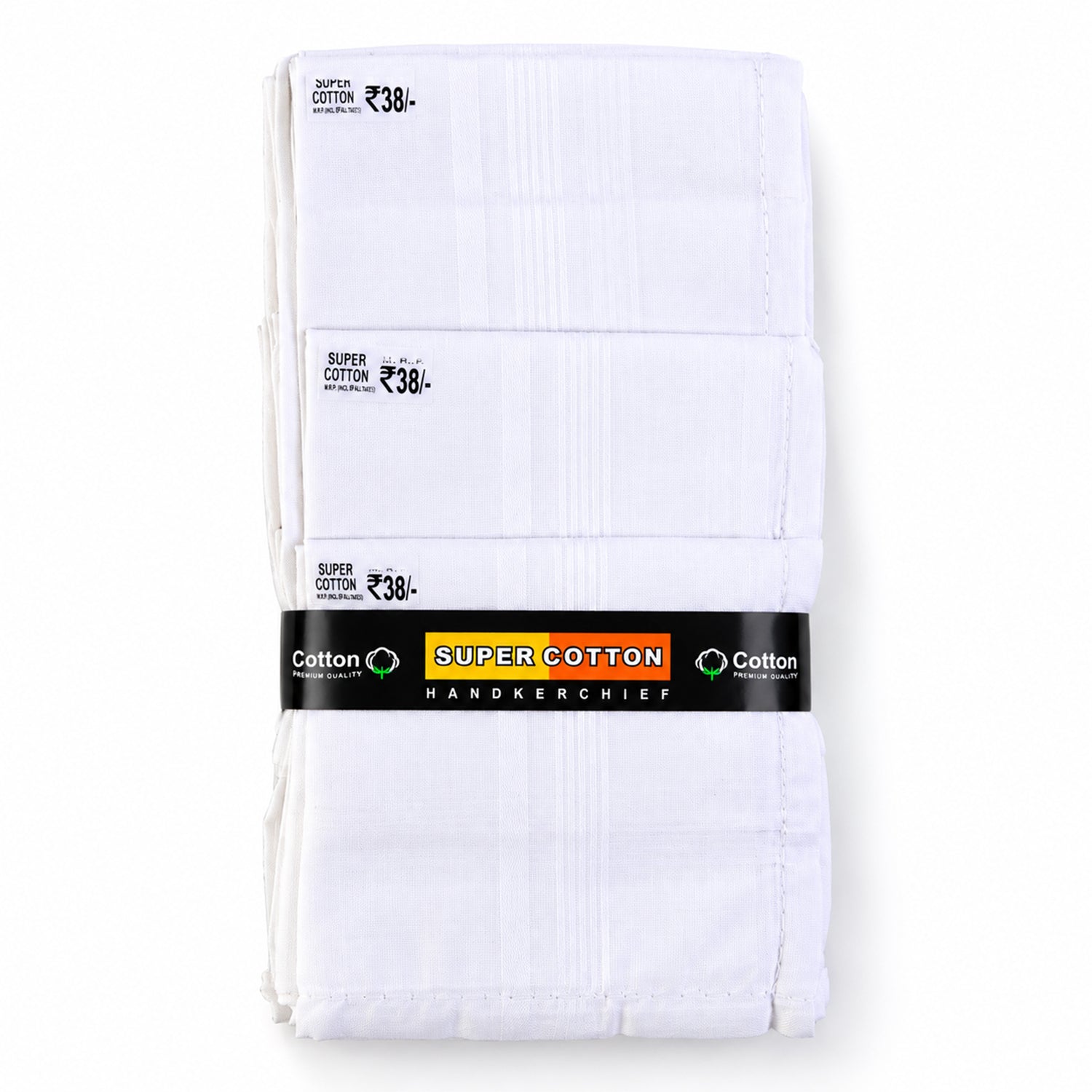 A stack of white cotton handkerchiefs with a black and yellow