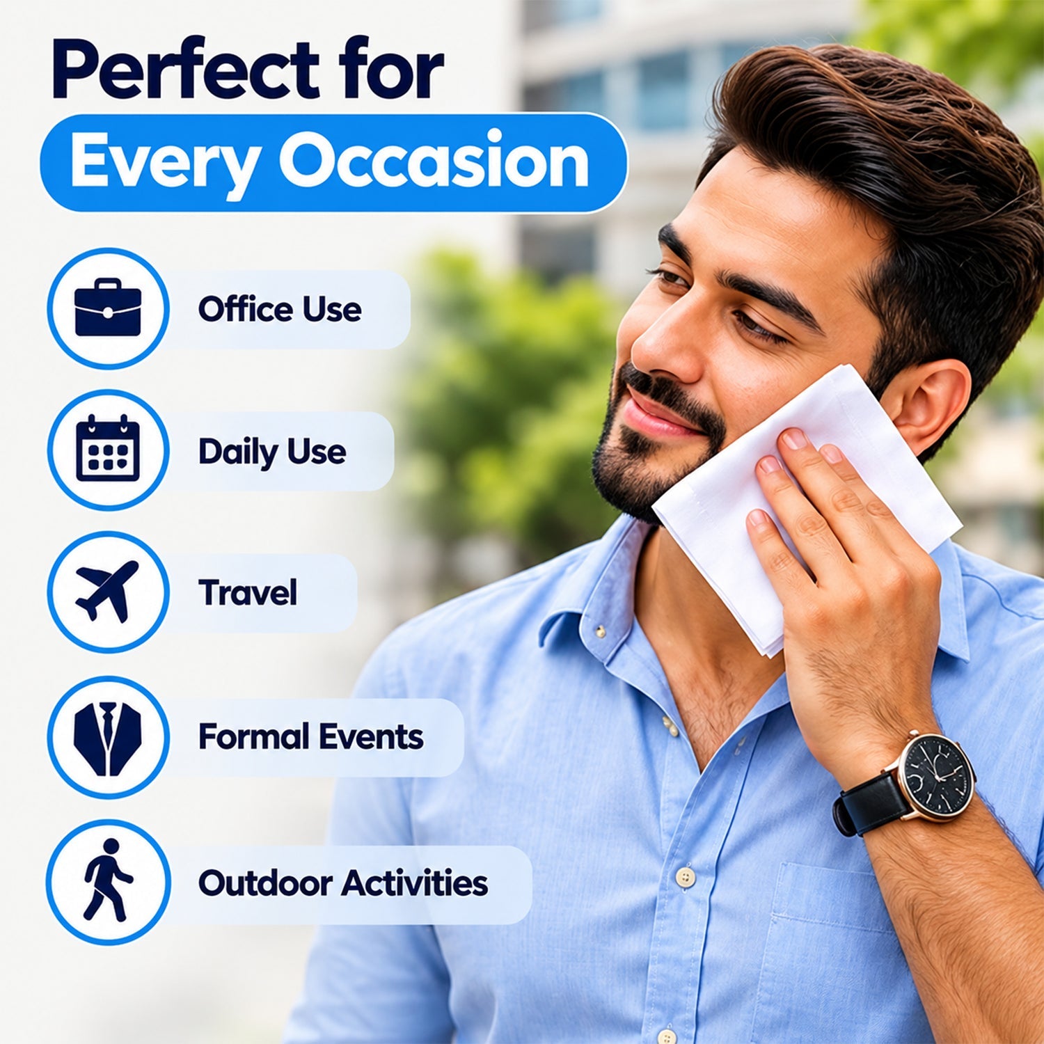 A man in a blue shirt wipes his face with a white handkerchief, with icons indicating various usage occasions.