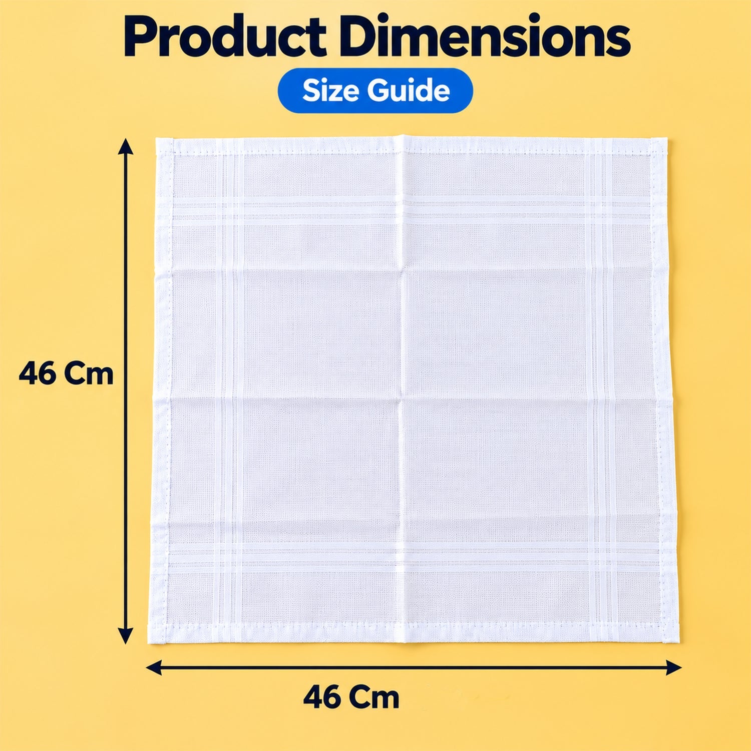 A single white cotton handkerchief with striped borders is displayed flat with dimensions of 46 cm by 46 cm.