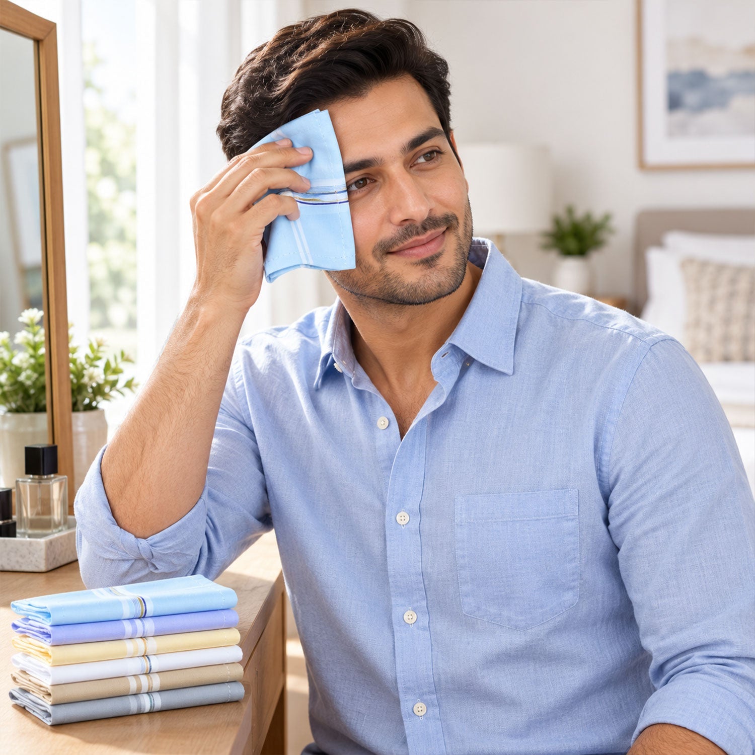 A man wipes his face with a light blue handkerchief, a stack of colorful handkerchiefs on the table. â€“ view 3