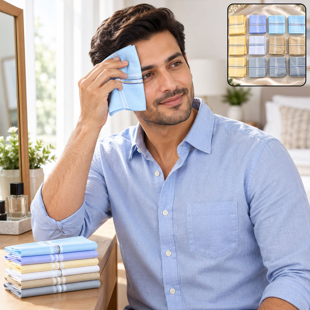 A man wipes his face with a light blue handkerchief, a stack of colorful handkerchiefs on the table.