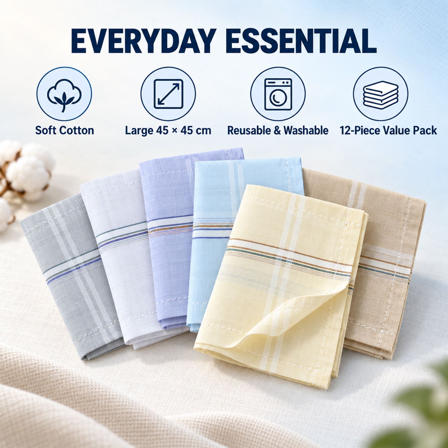 Six folded cotton handkerchiefs in various colors with striped borders, with icons for features.
