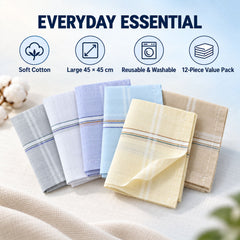 Six folded cotton handkerchiefs in various colors with striped borders, with icons for features.