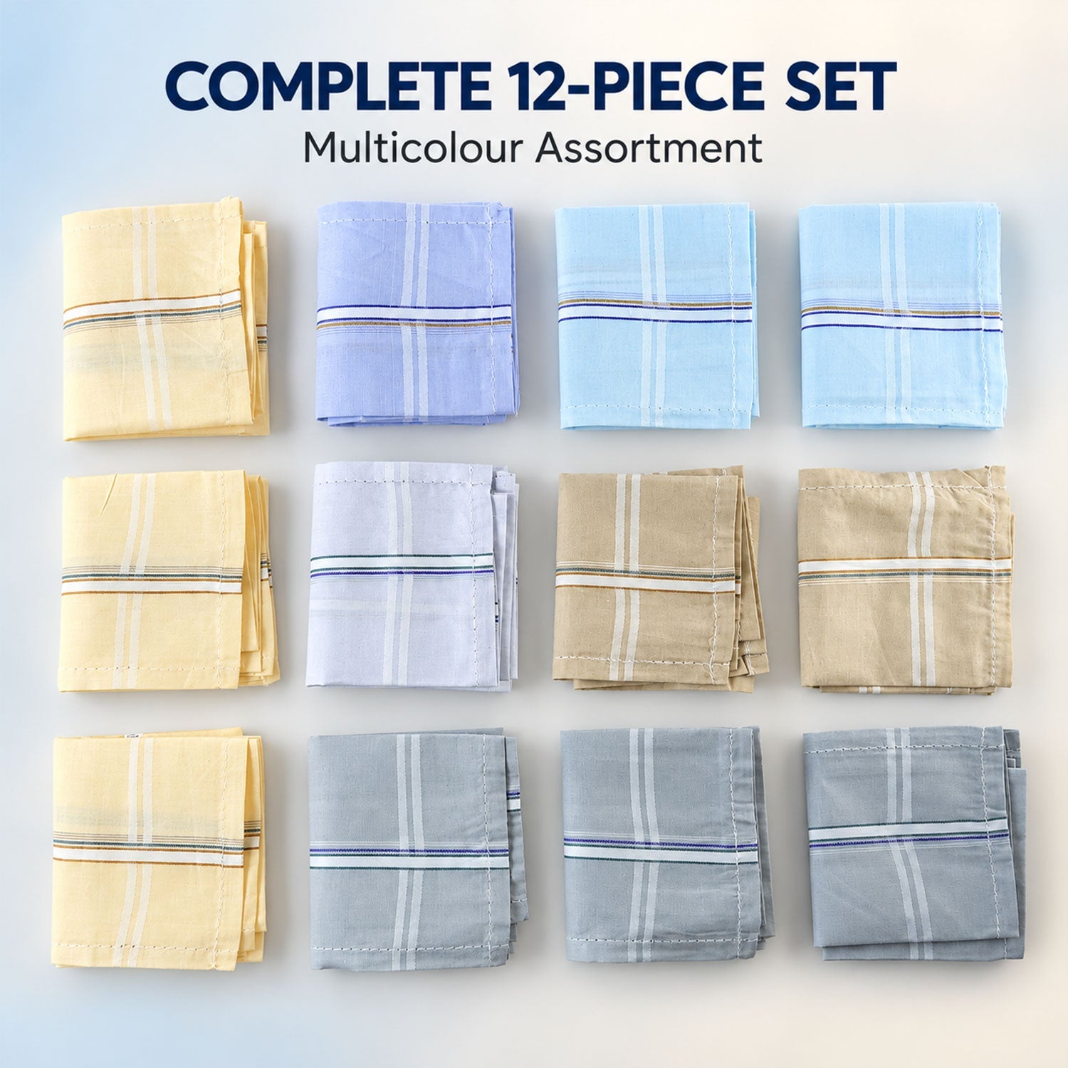 A grid of twelve folded handkerchiefs in yellow, blue, grey, and beige with striped designs.