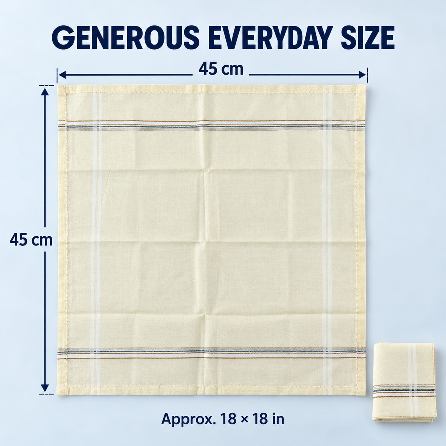 A single yellow handkerchief, unfolded, showing its 45 cm x 45 cm size with measurement arrows.
