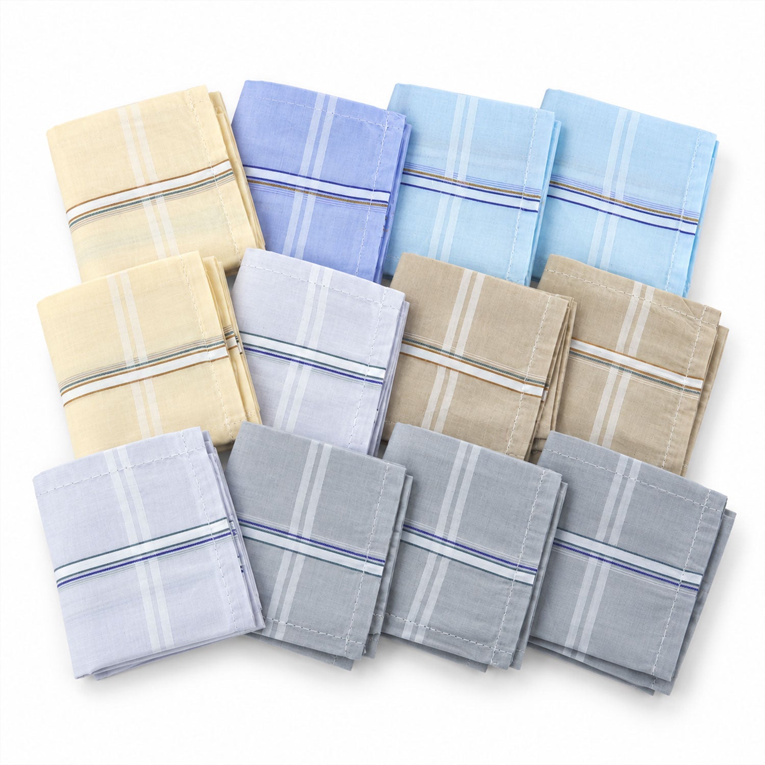 Twelve folded cotton handkerchiefs in assorted colors with classic striped patterns displayed neatly.
